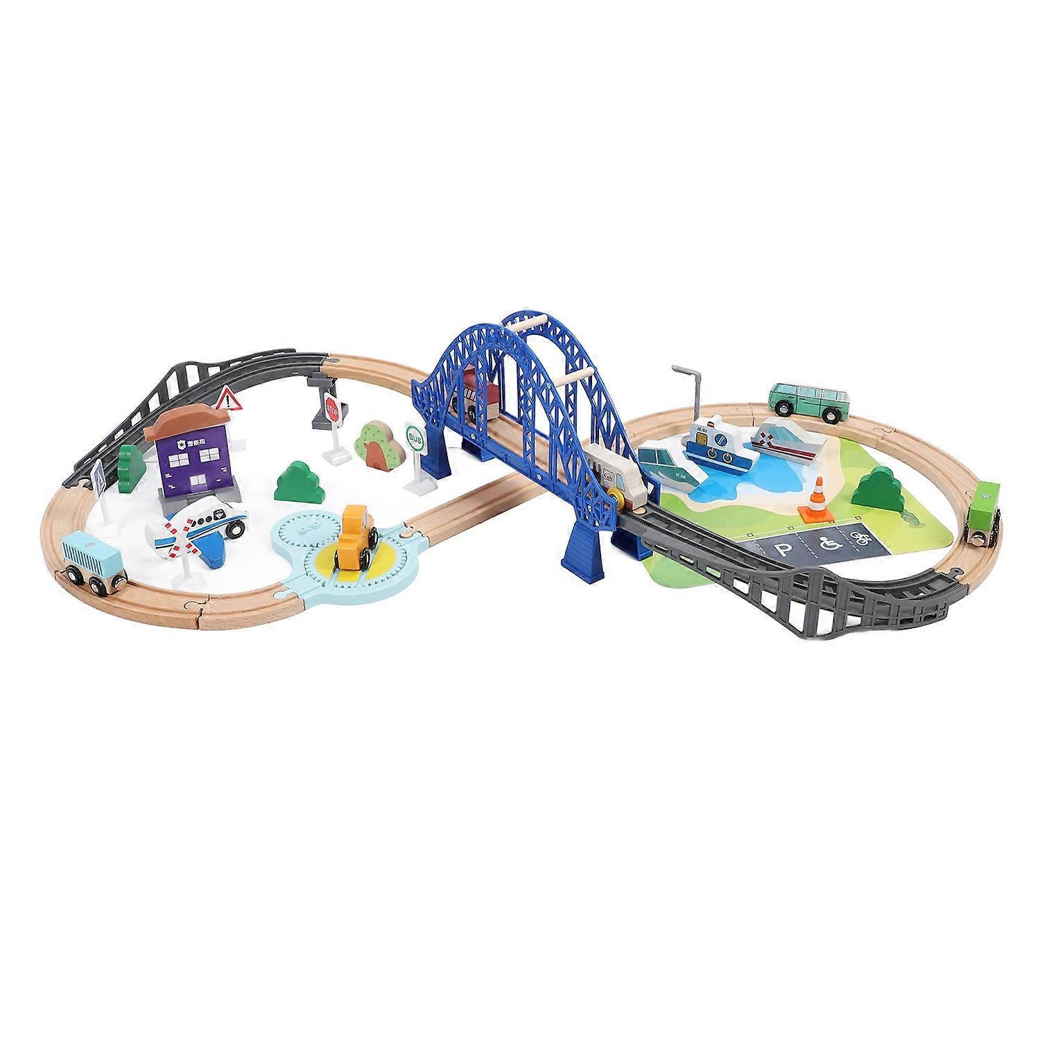 37pcs Wooden Train Set for Toddler Blue Bridge Electric Simulation Children Interactive Wooden Train