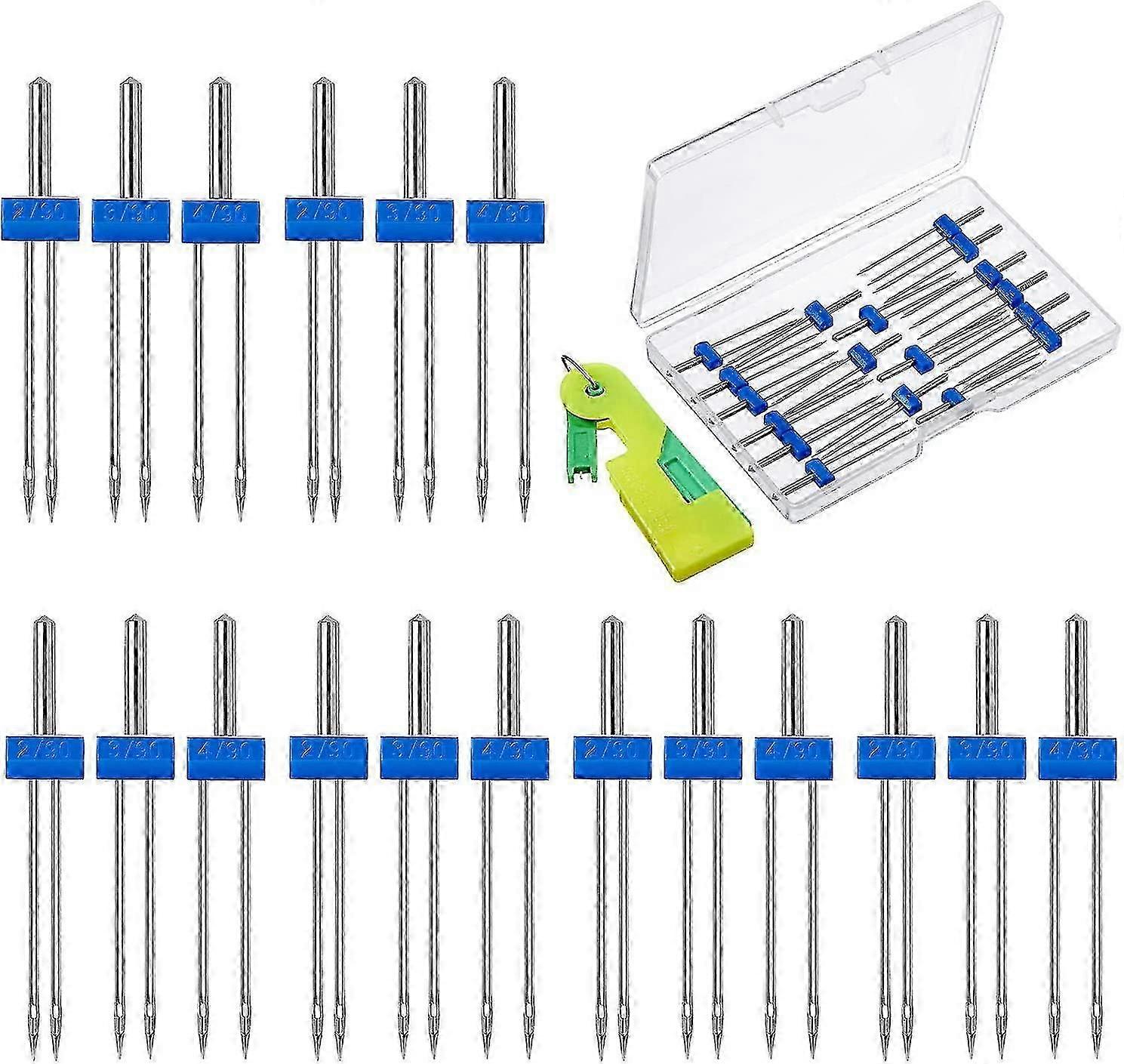 18 Pieces Sewing Machine Double Needle with Plastic Box Sewing Machine Threader-Good
