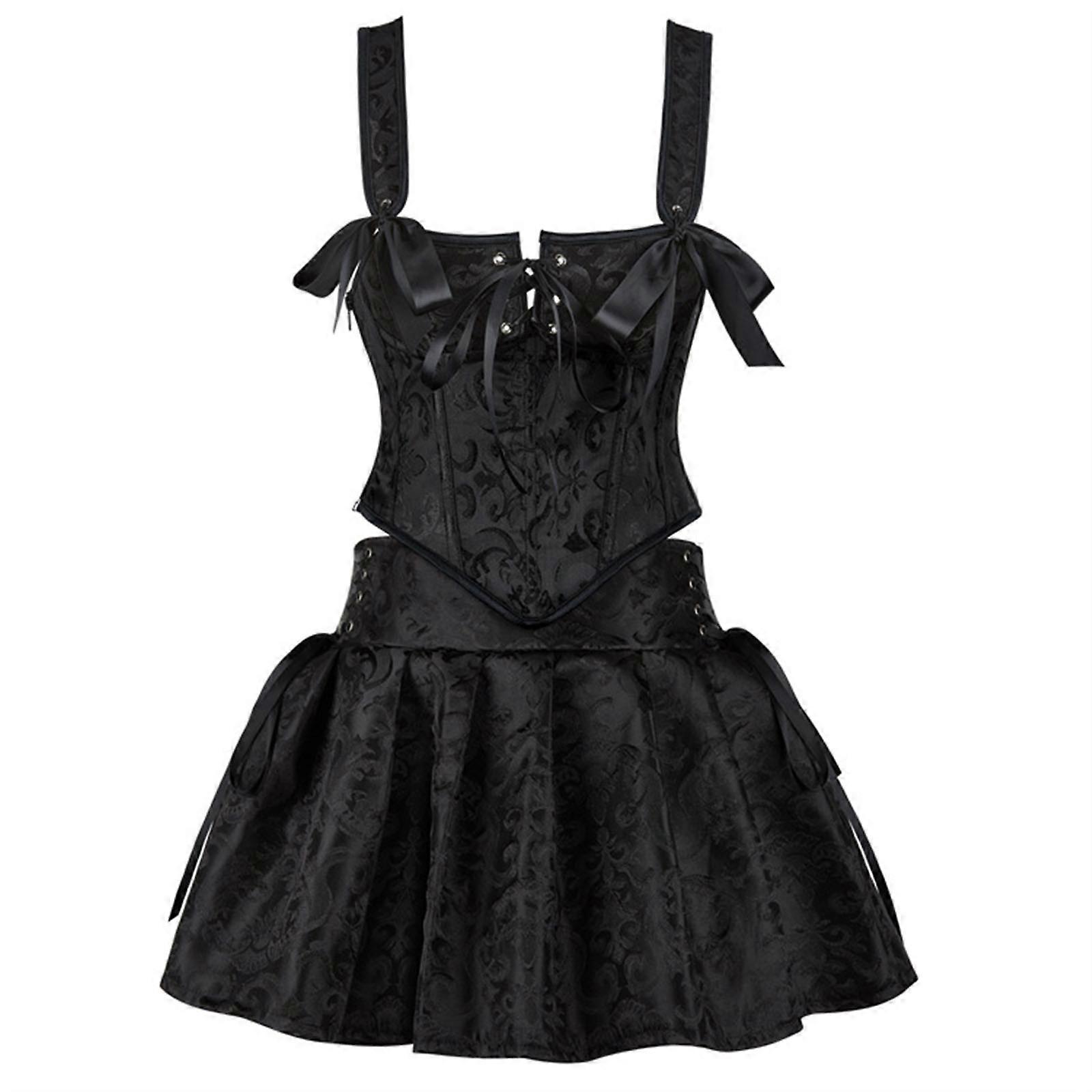 Elegant Black Jacquard Vintage Corset Shapewear Bustier Top and Pleated Skirt Set For Women For Parties And Nightclub  Black XL