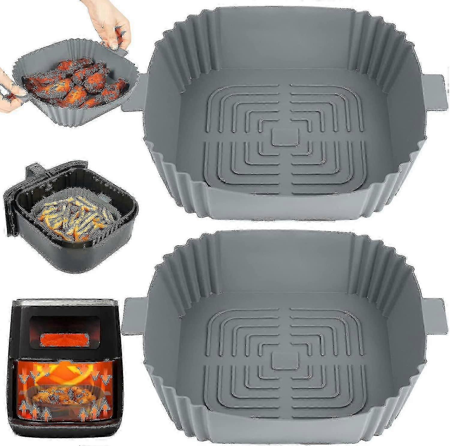 Silikon-Heißluftfritteuse-Liner Wiederverwendbar, 2er-Pack 8-Zoll-Heißluftfritteuse Silikon-Topf quadratisch, Silikon-Backkorb / -Tablett, Heißluftfritteuse-Zubehör kompatibel, Turm