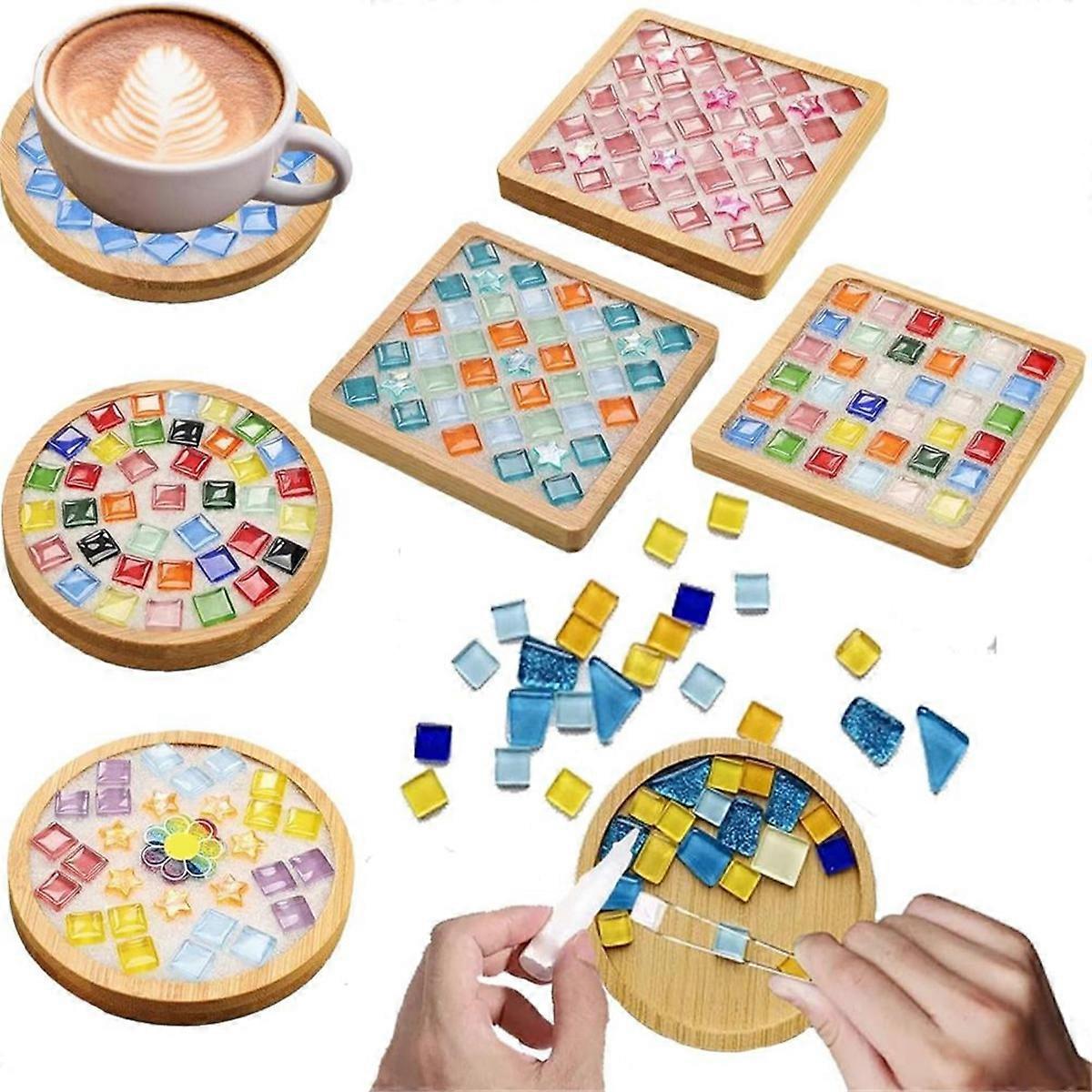 Mosaic Tiles for Crafts,Mixed Color Glass Mosaic Kits with Wooden Coaster for Adults,for Handmade H