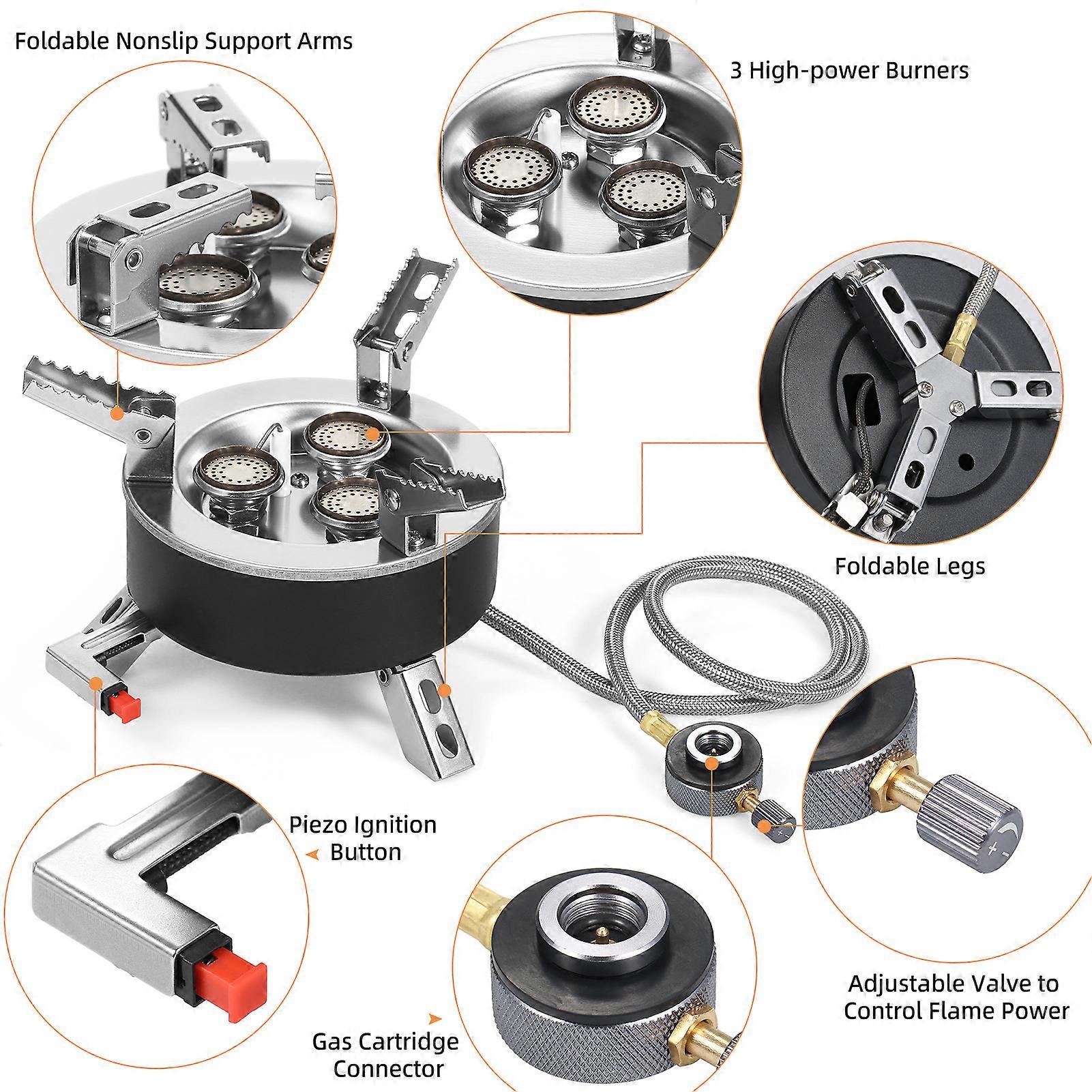 6800W Foldable Camping Gas Stove, 3 Burners, Piezo Ignition, for Backpacking, Camping, Hiking, Picnic, Emergency