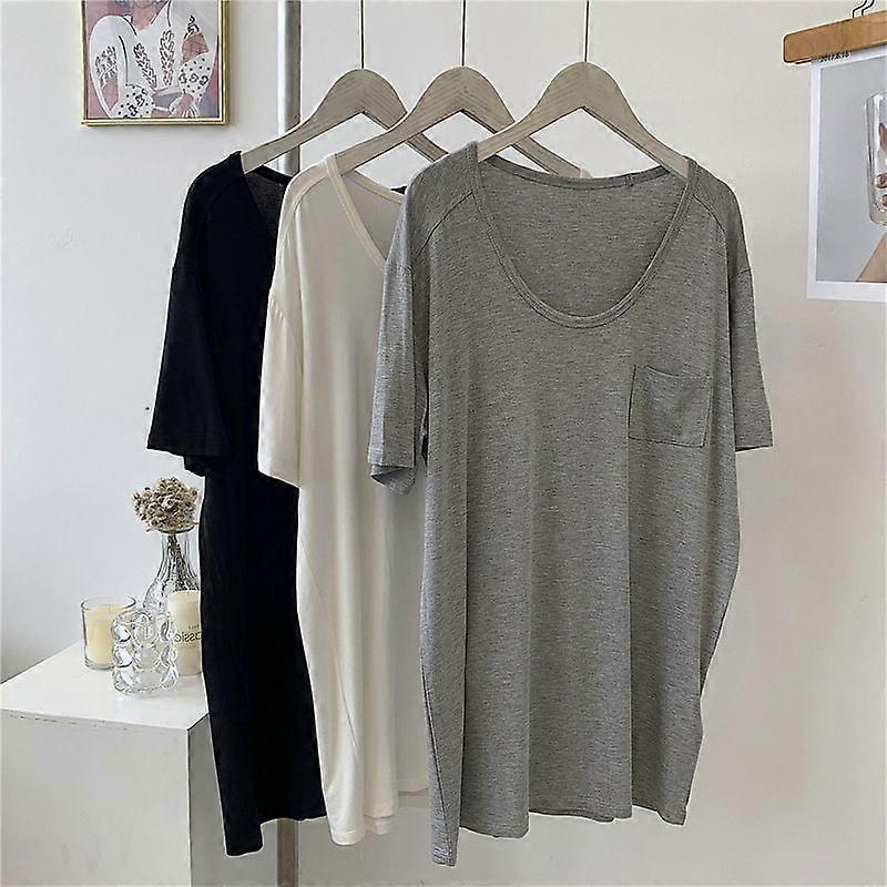 Modal Pocket Big Round Neck T-Shirt For Women, Lazy Style Thin Draping Solid Color Slim And Versatile Mid-Length Top For Women