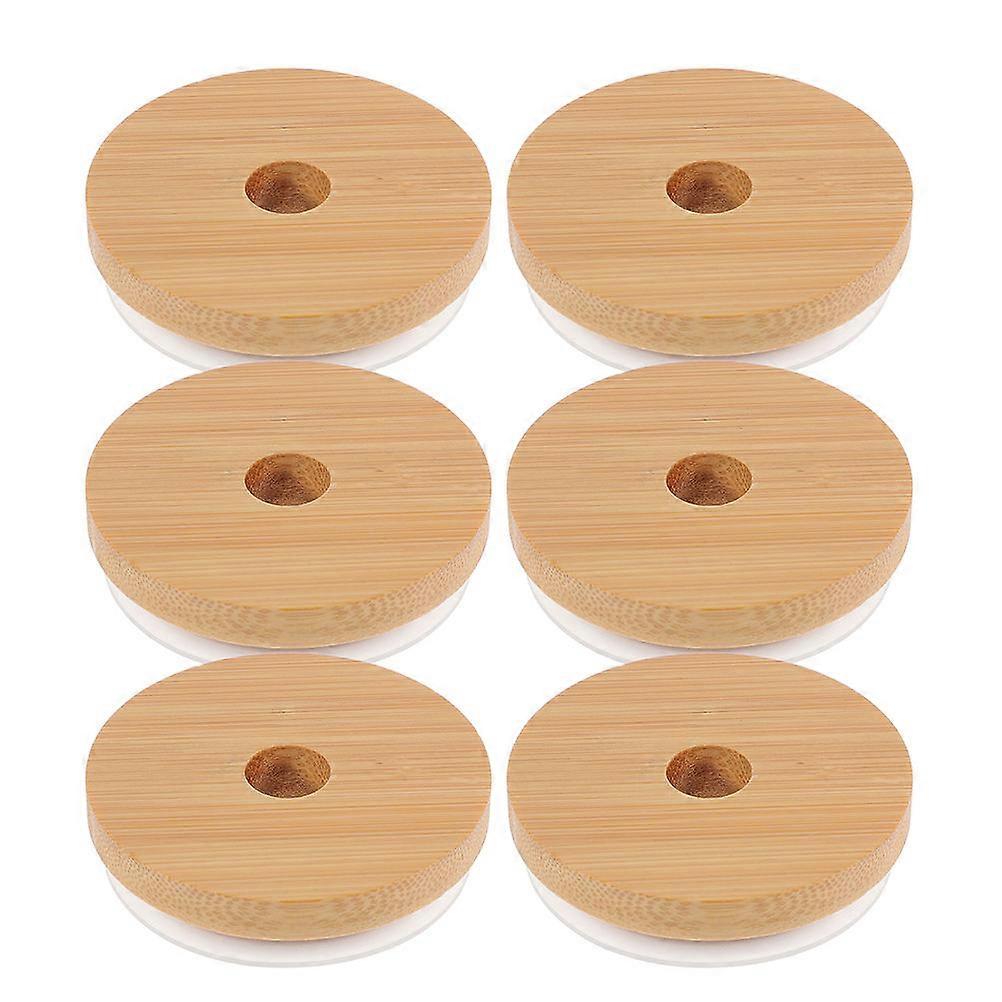 Wood Lid for Glass Cup Jar Lid with Straw Hole Canning Caps Sealing Storage 6Pcs