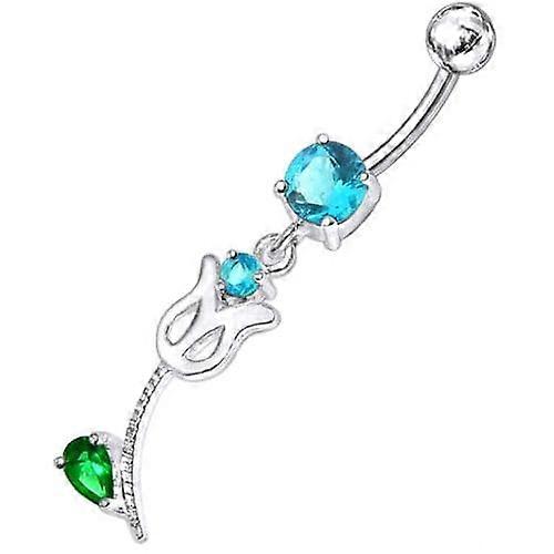 Mix Colour Jewelled Flower Silver Dangling Belly Ring With Ss Bar