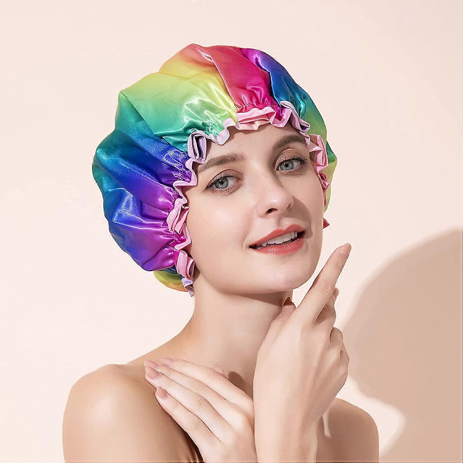 Shower caps for women, waterproof, reusable shower caps with rainbow pattern, double layer