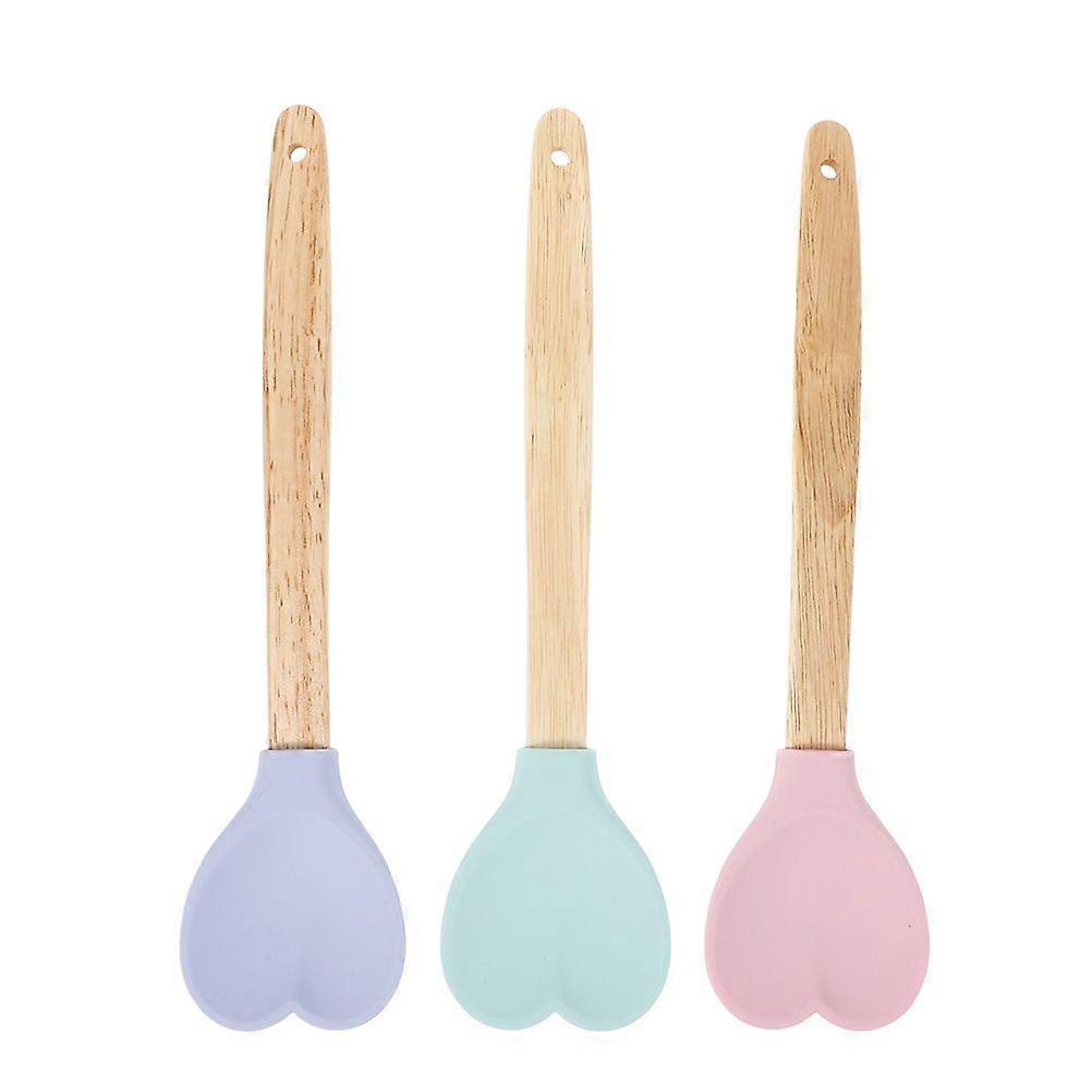 3pcs Heart-Shaped Silicone Spoon With Wooden Handle Non-Stick Kitchen Spatulas For Baking Cooking Mixing Scraping And Stirring