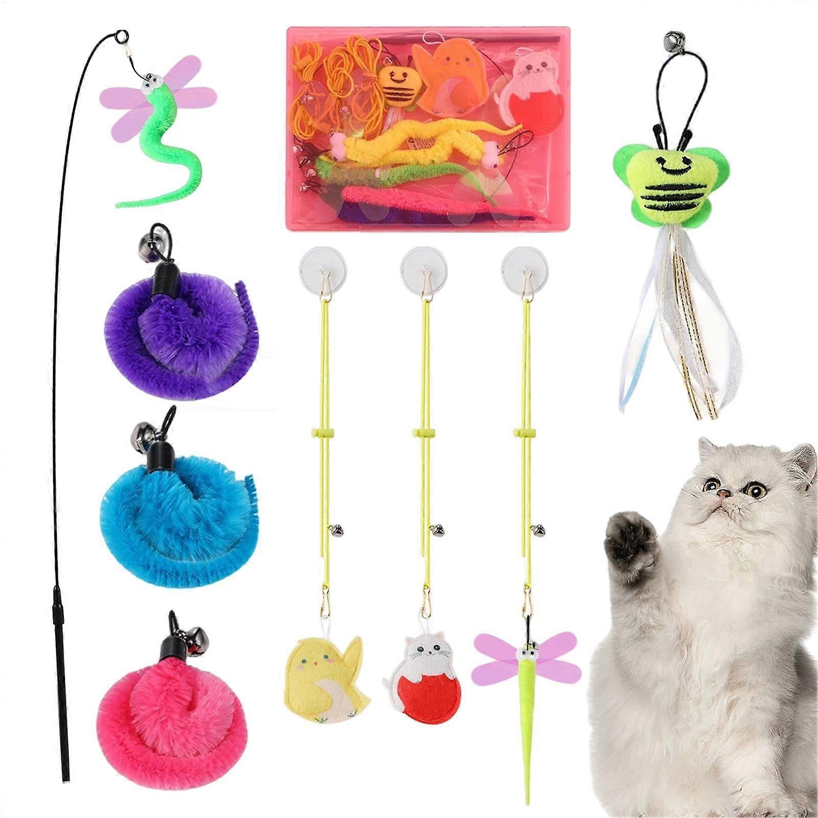 Cat Teaser Wand with Retractable Feather - 9X Interactive Toys for Kittens, Includes Bell & Catnip, Indoor Play