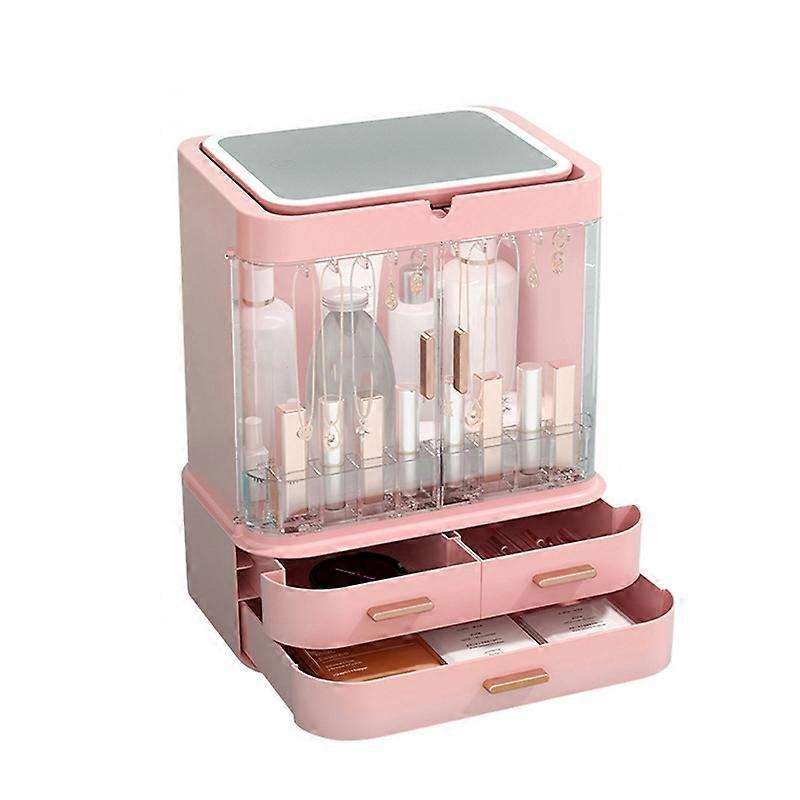 Dust-Proof Drawer Type Cosmetic Storage Box Household Large-Capacity Desktop Lipstick Storage Box, Colour: LED Upgrade Model Pink