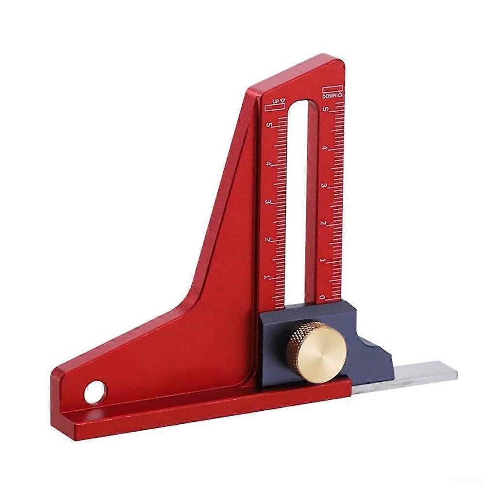 Adjustable height measuring ruler for woodworking, with metric and imperial options.