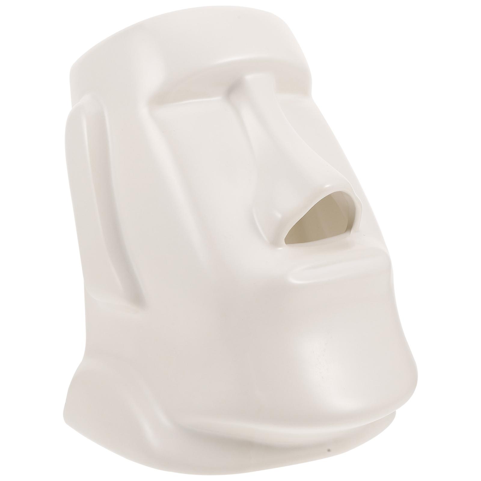Ceramic Tissue Box Holder Moai Stone Statue for Storage Use Ivory