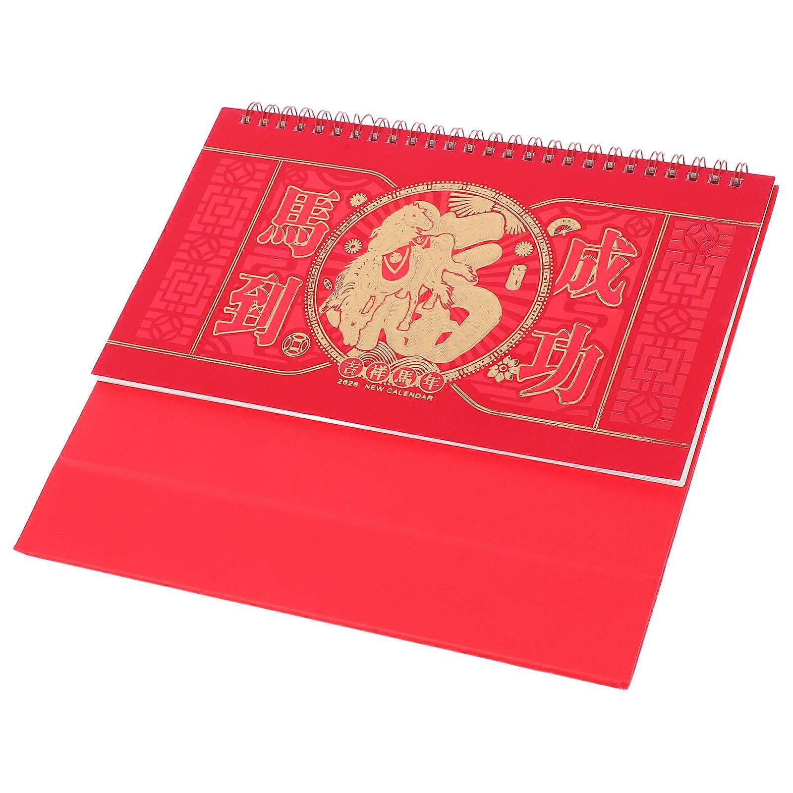 Red Chinese Year Desktop Flip Calendar with Horse Design Lunar Year Daily Planner, Memo Pad & Home Office Organizer