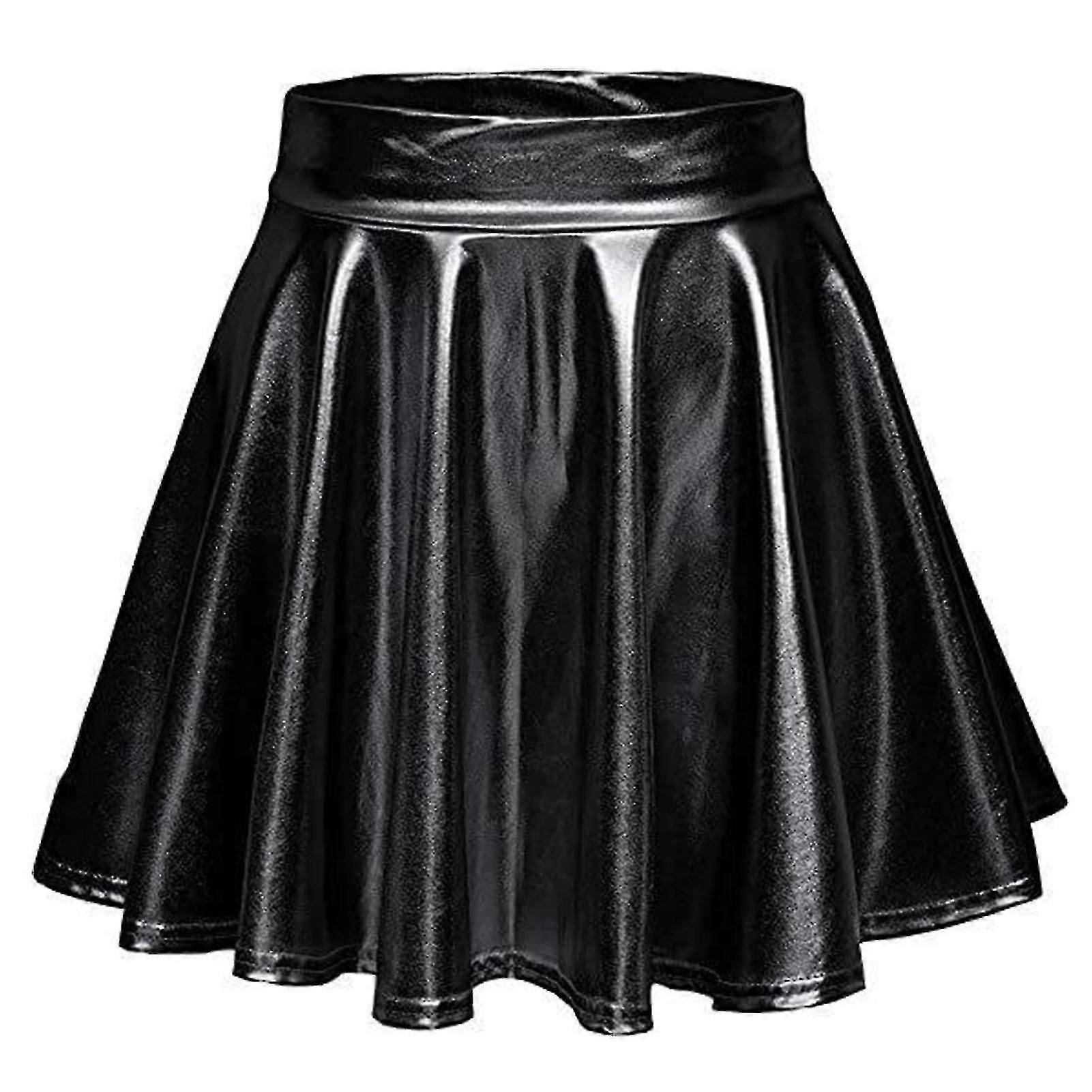 Shiny Flared Pleated Skirt A Line Solid Color Metallic Glossy High Waist Skater Skirt For Performance