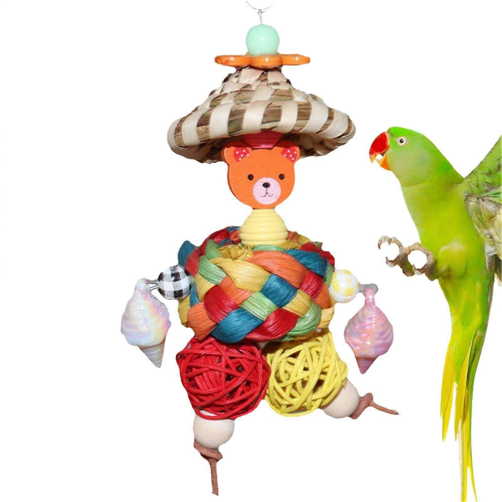 Parrot Toy for Large Birds, Colorful Rattan Straw Hat Man Shape with Nesting Balls, Parakeet Cage Accessories