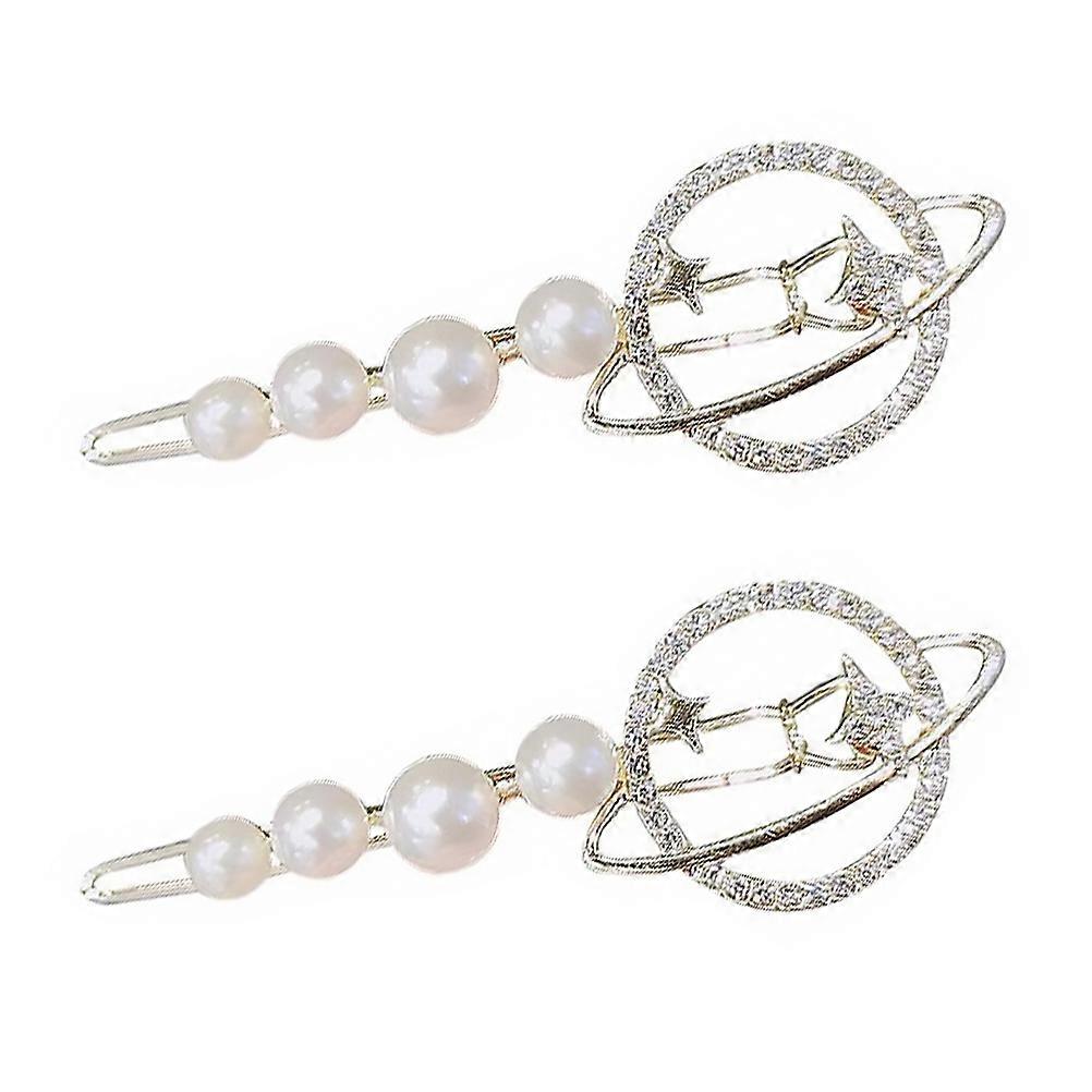 Stylish 2Pcs Pearl Hair Clips Planet Design Hair Clasps For Parties And Daily Usage In Silver Alloy