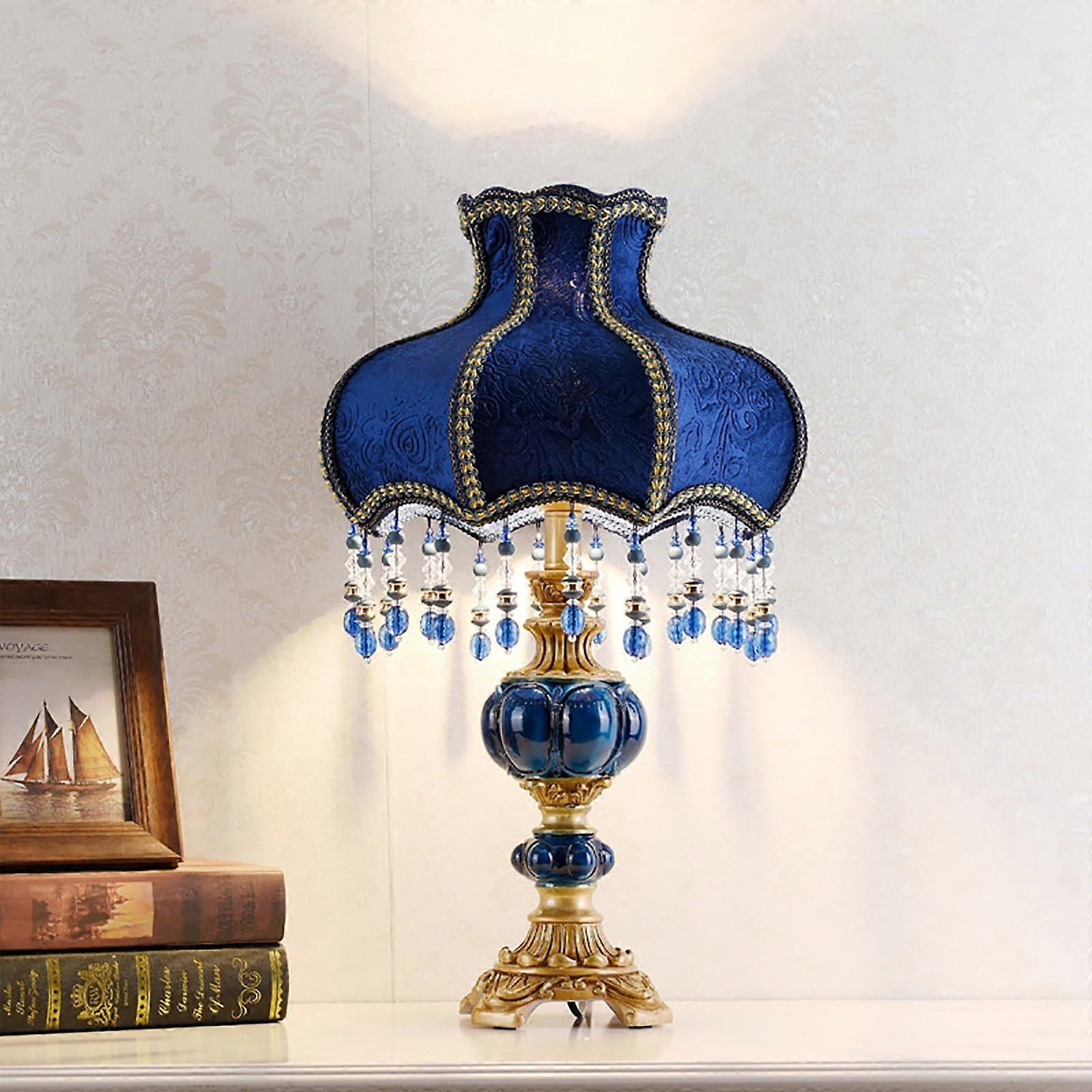 Victorian European Fabric Table Lamp with Floral Lace and Fringe, Multicolor, 32x55 cm, 13x22 inch, Push Button Switch