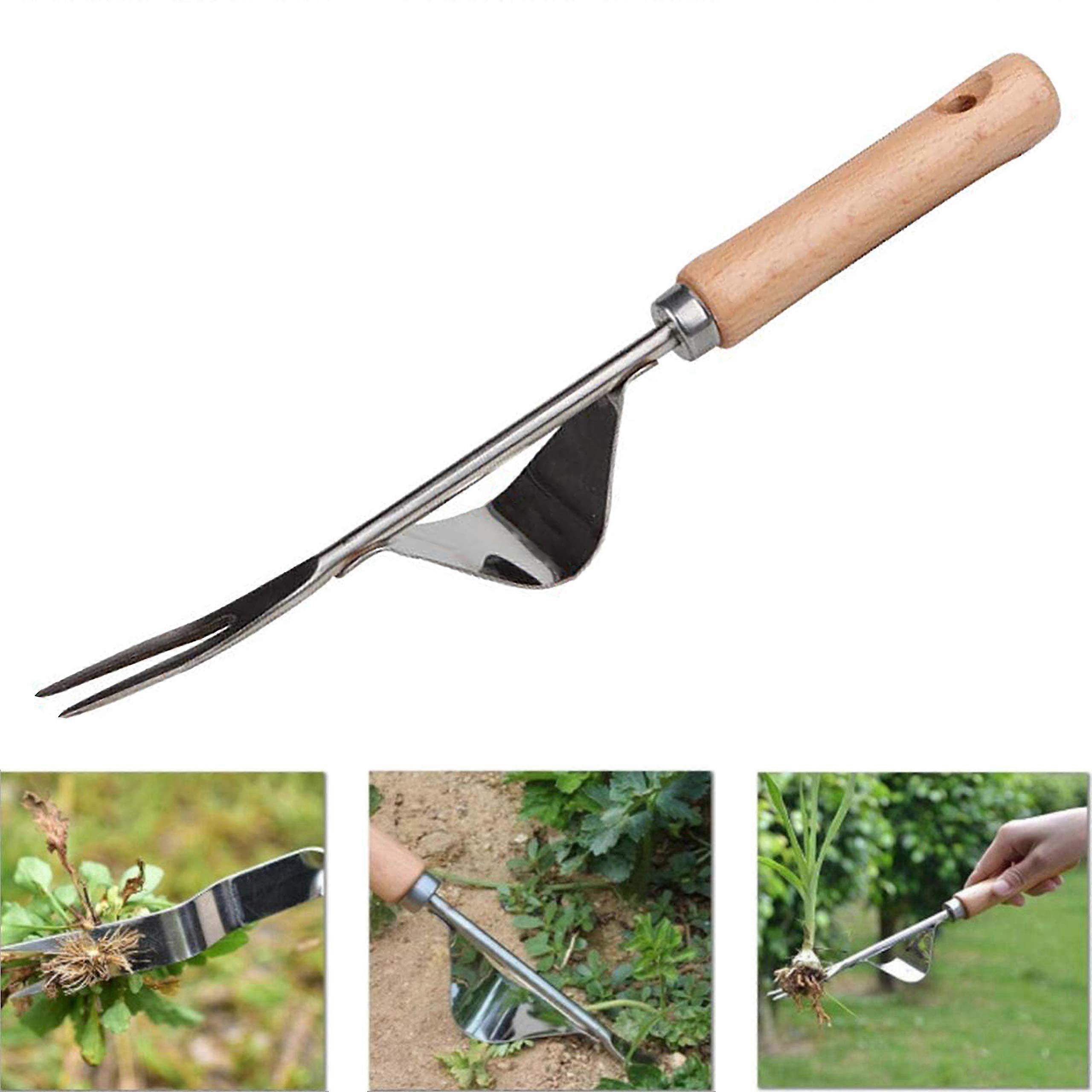 Stainless Steel Manual Weeder Garden Tool with Wooden Handle and Trap Cutter for Efficient Weed Removal Style 2