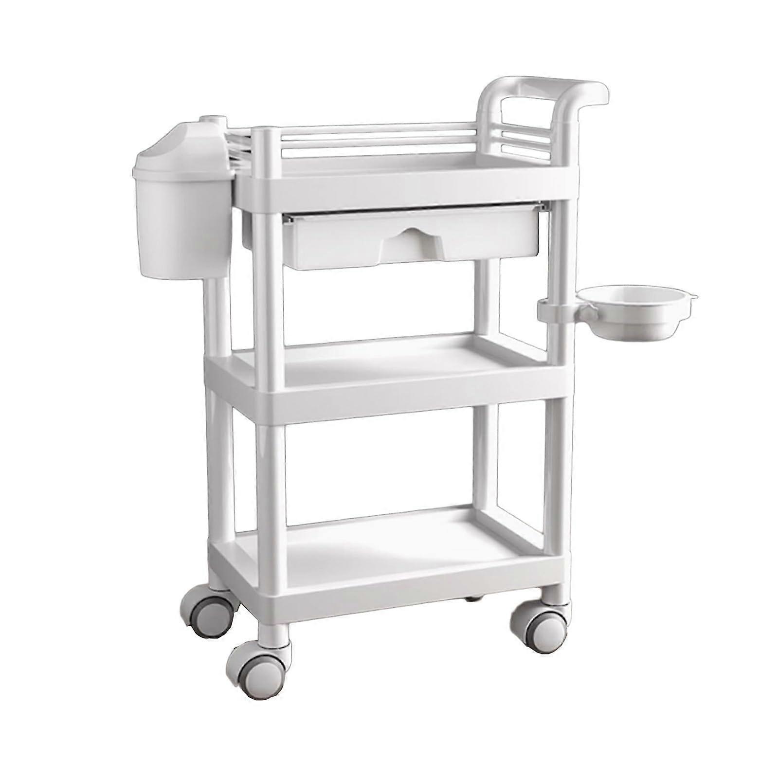 3 Tier Rolling Storage Trolley with Removable Beauty Bowl Trash Can Multi Use Tool Cart for Bathroom Clinic Office Home White Finish