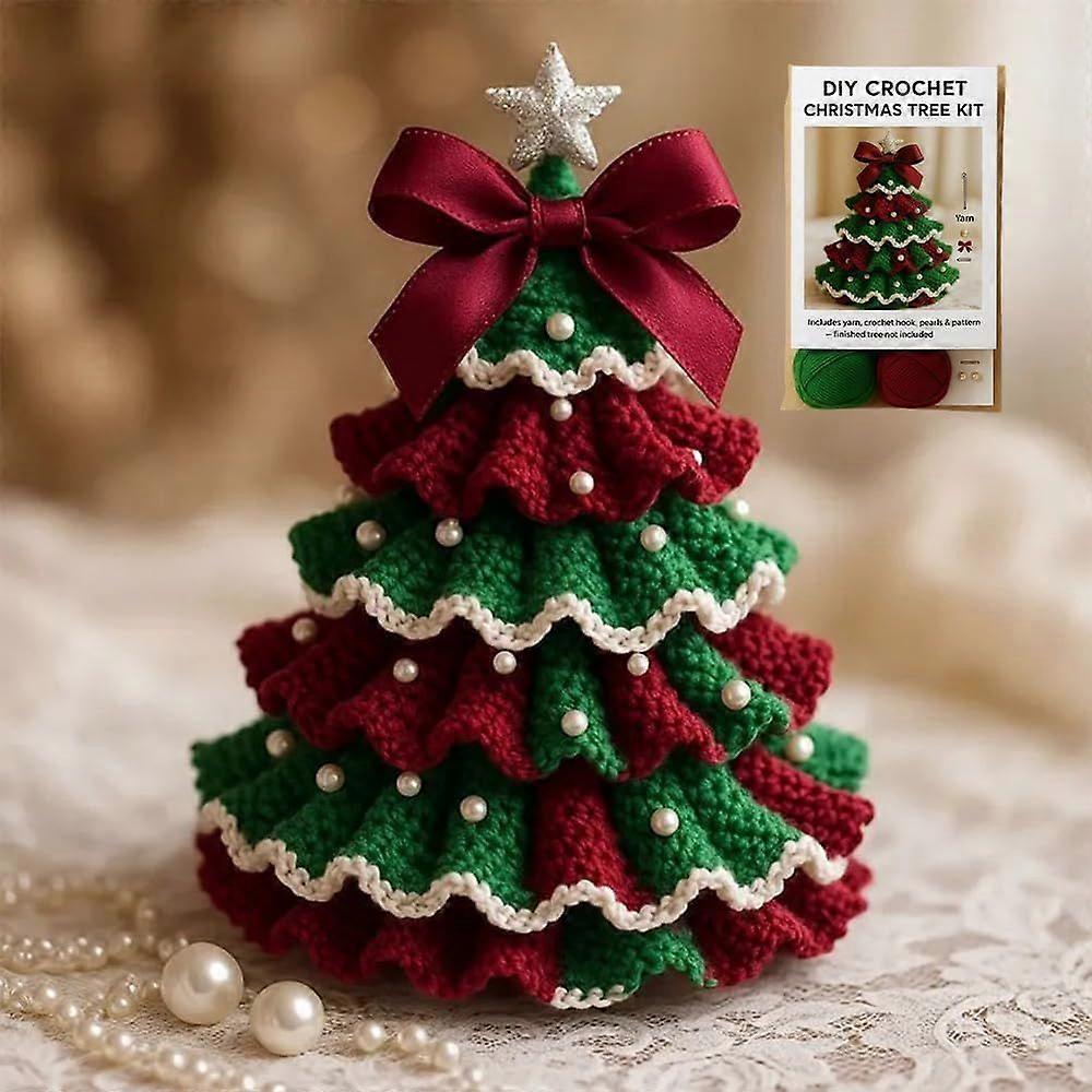 DIY Handmade Crochet Christmas Tree Kit, Tree Bow Pearl Embellishment, Beginner Christmas Crochet Kit with Yarn Hook Beads Instructions, Christmas Dec