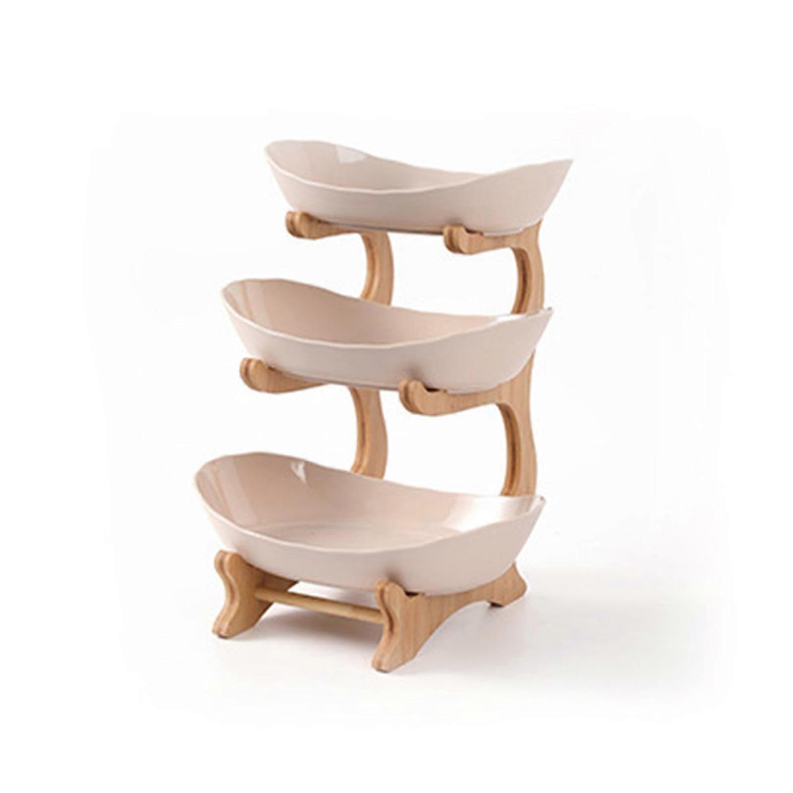 White 3 tier fruit bowls set with bamboo rack for sushi and dessert
