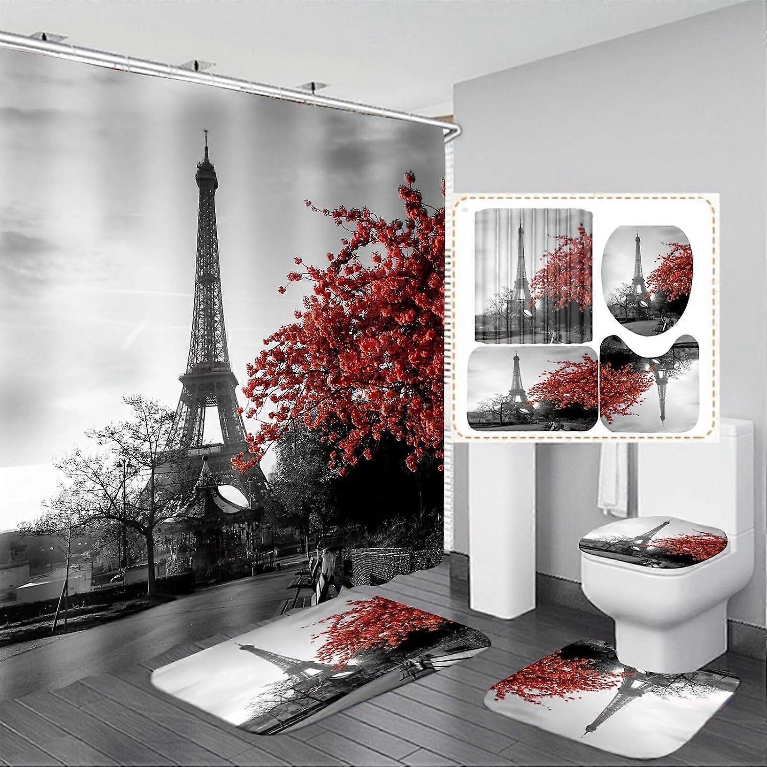 4PCS Paris Eiffel Tower Shower Curtain Set with Non-Slip Rug, Bath U-Shaped Mat, Toilet Lid Cover, Waterproof Curtains & 12 Hooks