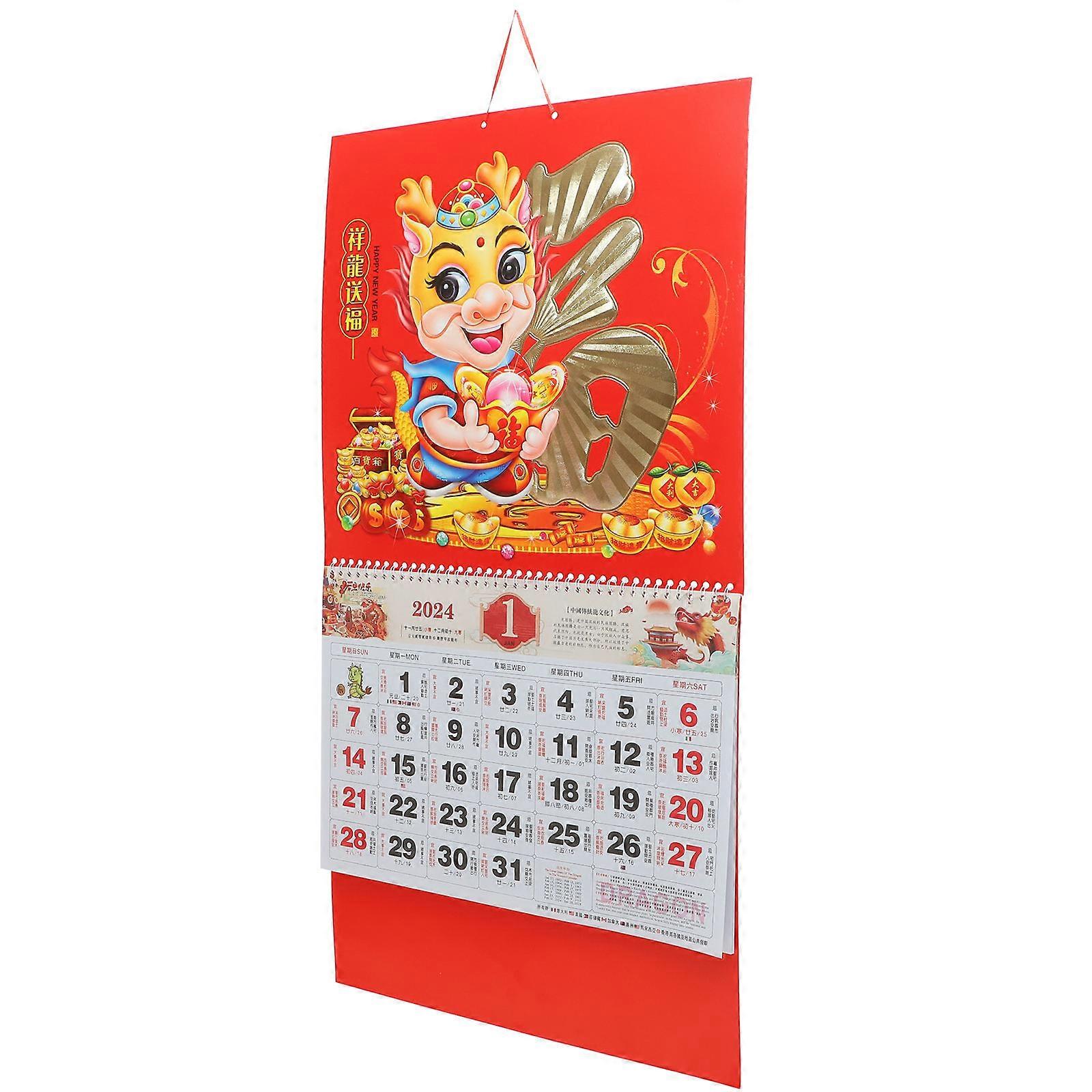 Paper Calendar Hanging Wall Calendar Home Office Use Red Traditional Chinese Style Decorative Check Date 1Set