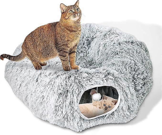 Plush Cat Tunnel Bed for Indoor Cats, Large Donut Tunnel Toys with Detachable & Washable Cushion, Peekaboo Hideaway Cave for Kittens Rabbit Ferret Pup