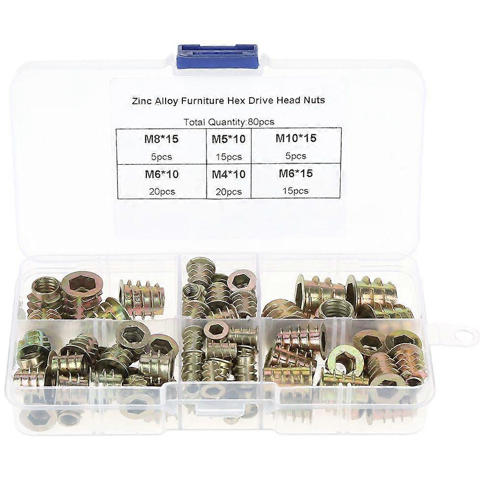 80pcs M4/M5/M6/M8/M10 Zinc Alloy Screw in Type Hex Drive Threaded Furniture Insert Nuts Set