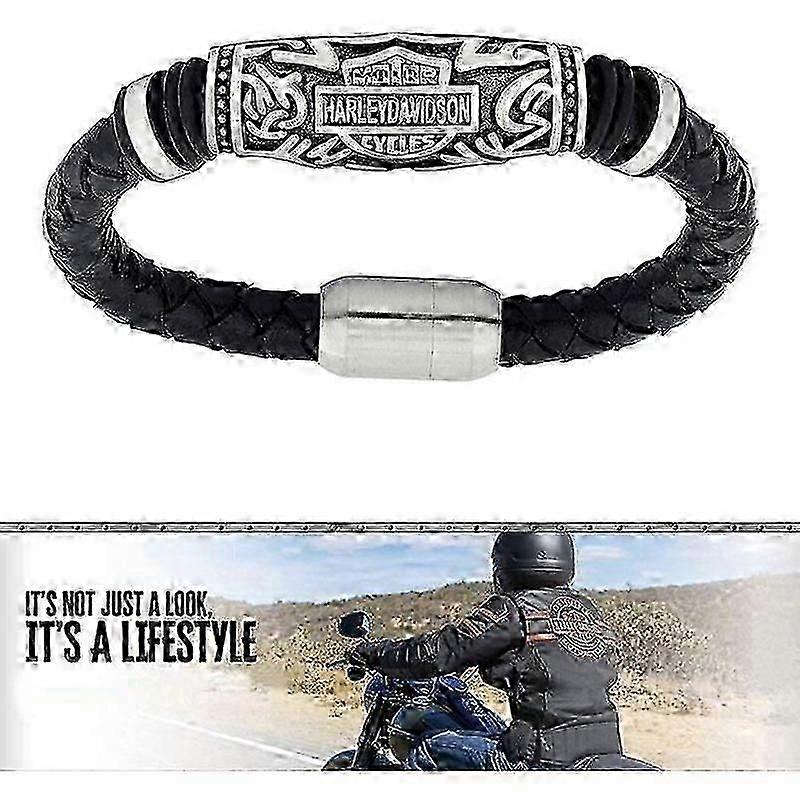 100%本物のハーレーバイカーブレスレット手作りメンズブレスレットソフトブラックレザーとステンレスステル237
