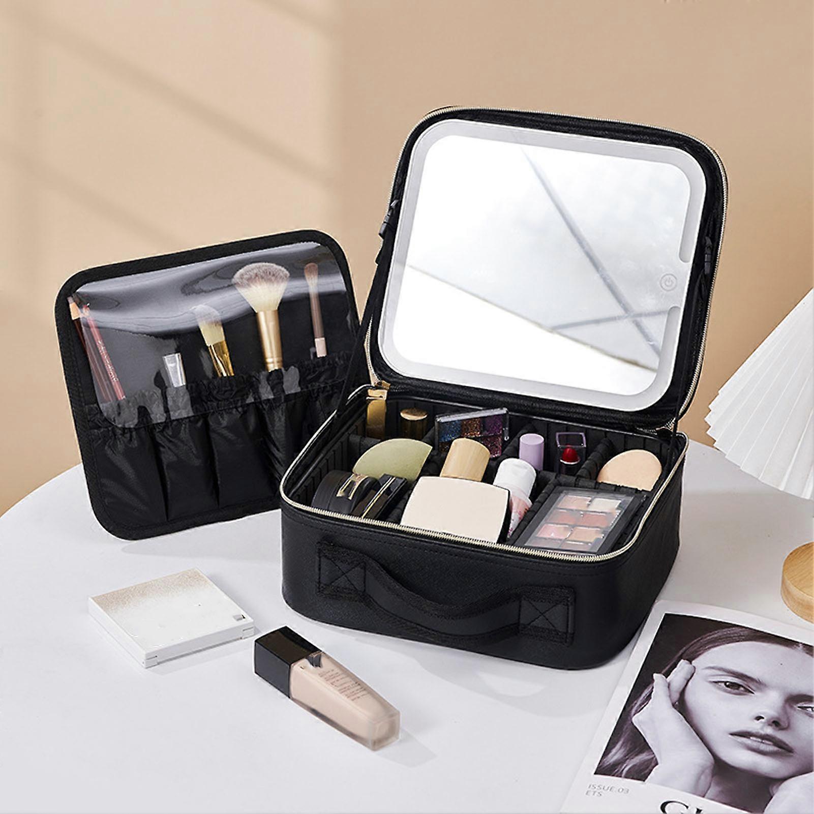 Makeup Case with Lighted Up Mirror 3 Color Lighted Setting Adjustable Brightness Charging LED Cosmetic Organizer with Mirror for Travel 
