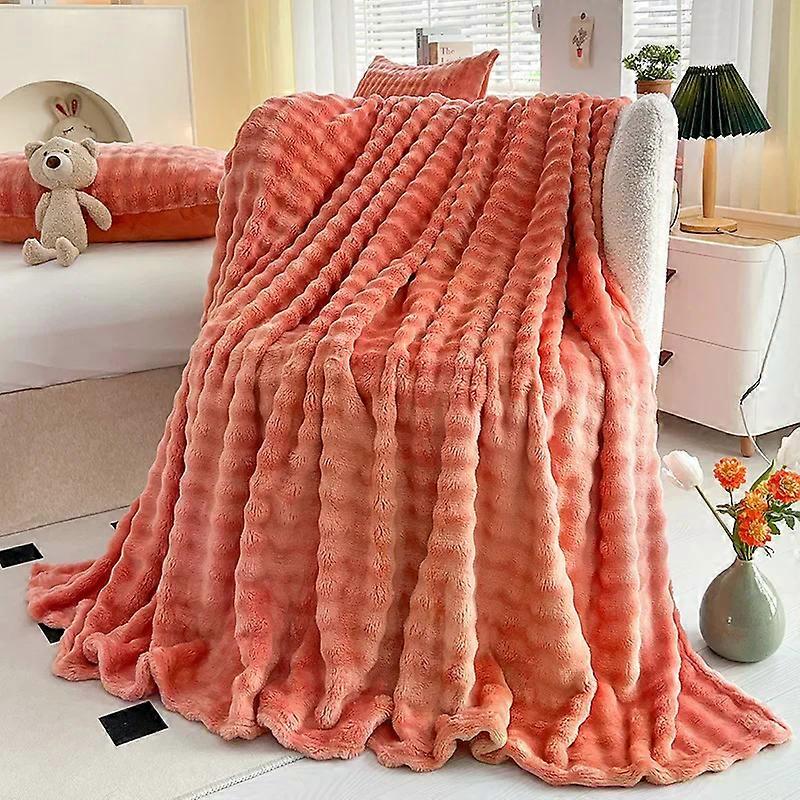 1 Pc Luxury Faux Rabbit Fur Throw Blanket Soft Warm White Striped Fluffy Blankets for Sofa Office Naps Single Double Plush Plaid
