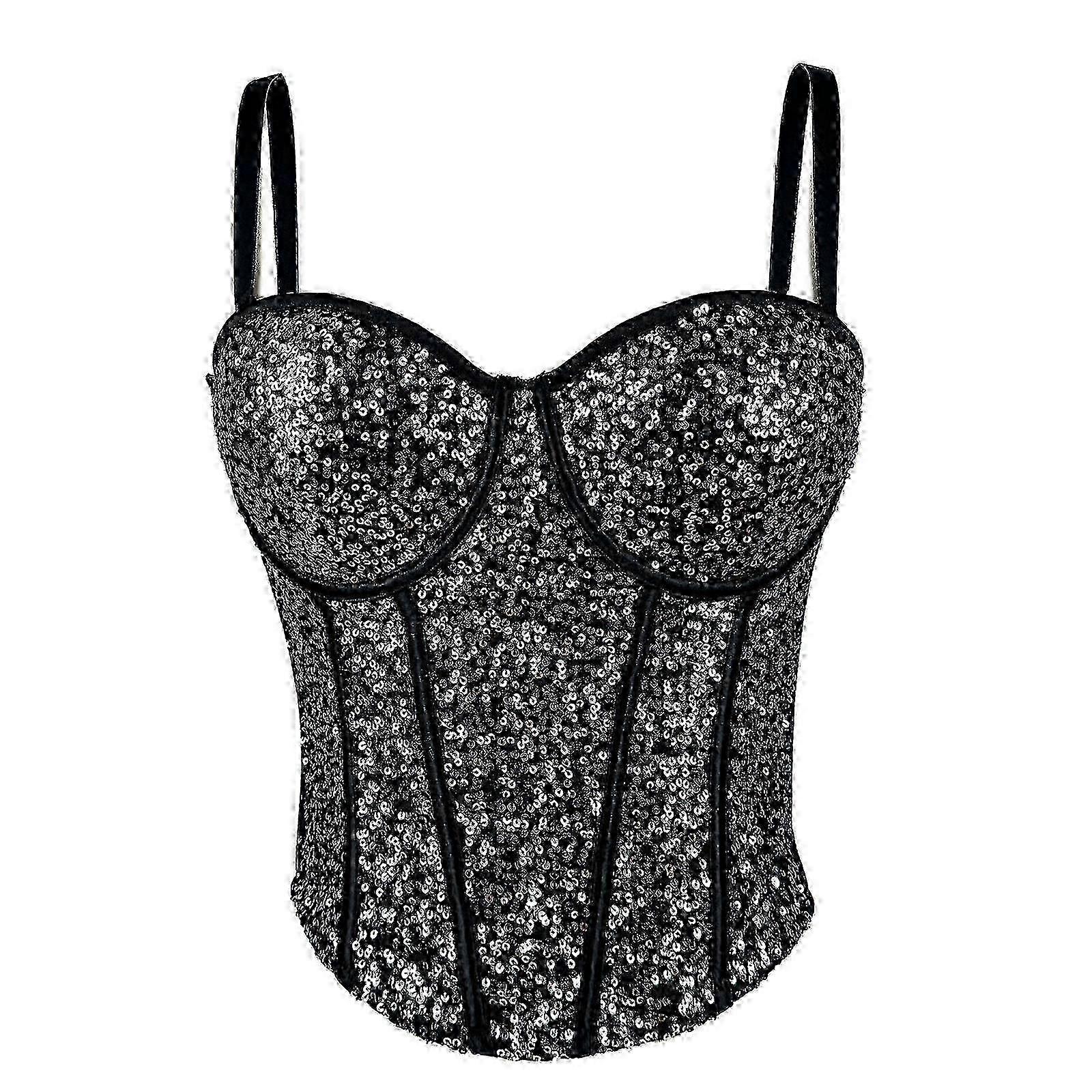 Women's Adjustable Strap Sequins Sheer Mesh Corset Crop Top With Boning Support Push Up Bustier Camisole For Party Wear 40 Wine Red