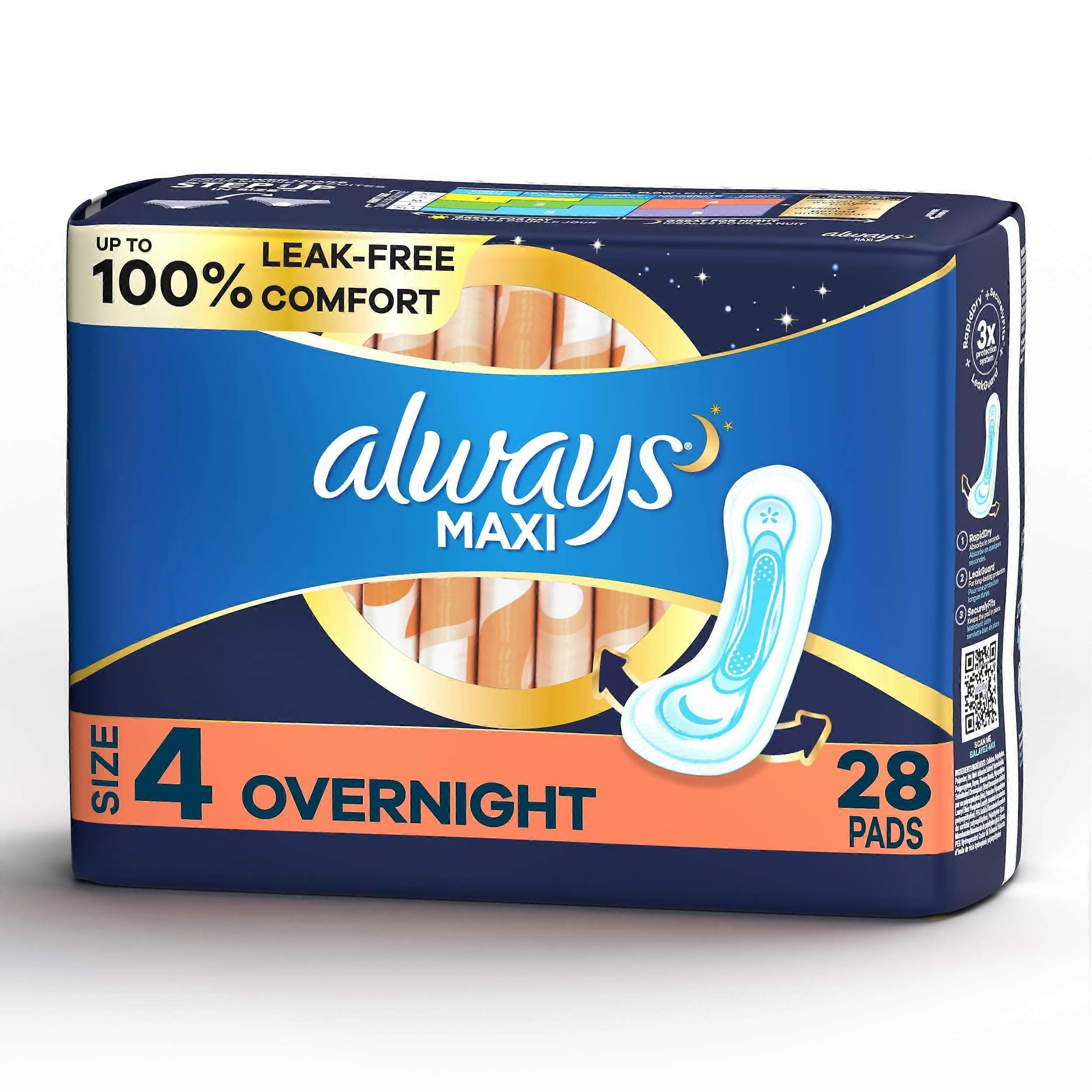 Always Maxi Pads 尺寸 4 带翅膀的夜间吸水性，无味，28 片
