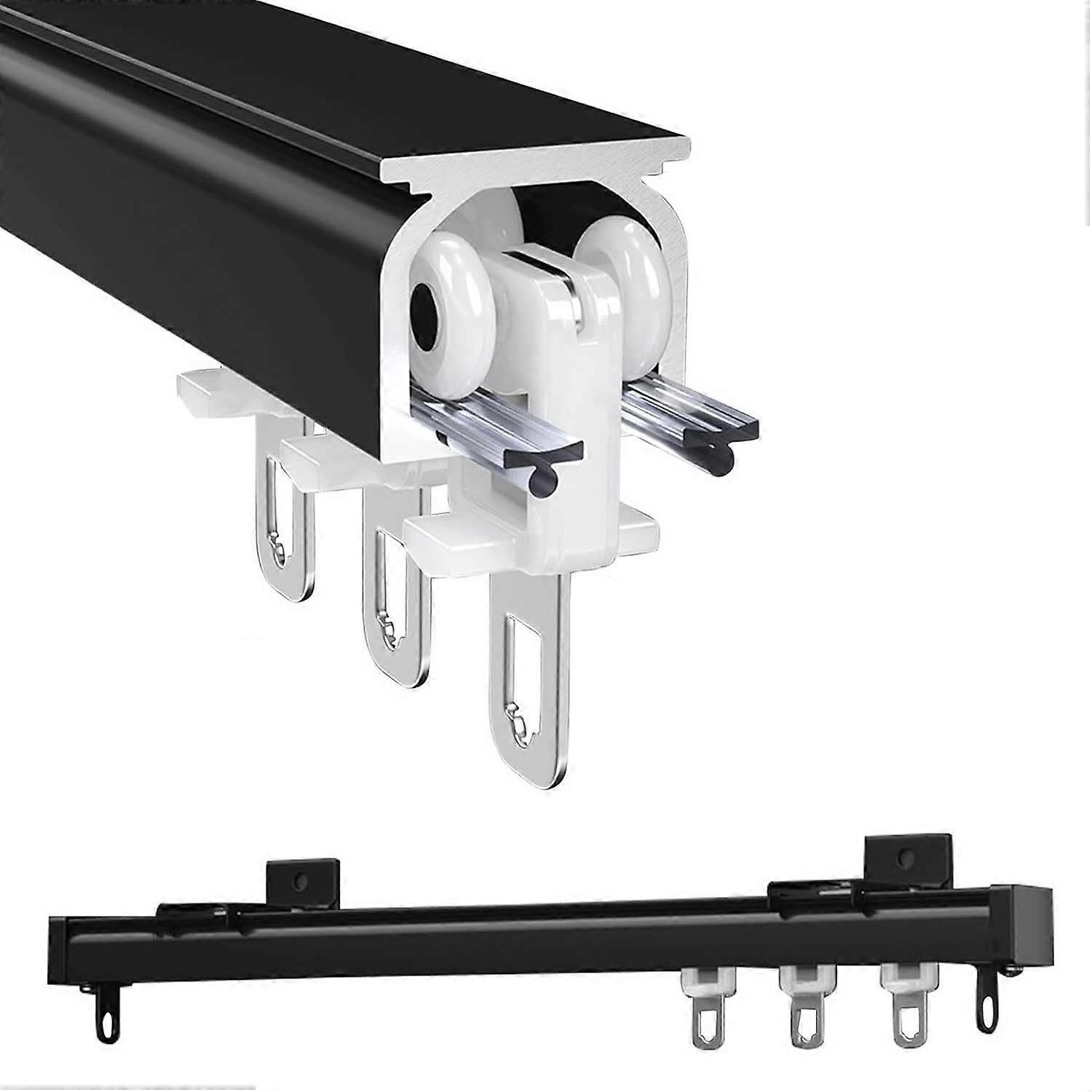 Silent Curtain Track System with Smooth Gliding Rollers, Ceiling & Wall Mount Aluminum Rail, Black 1.2m