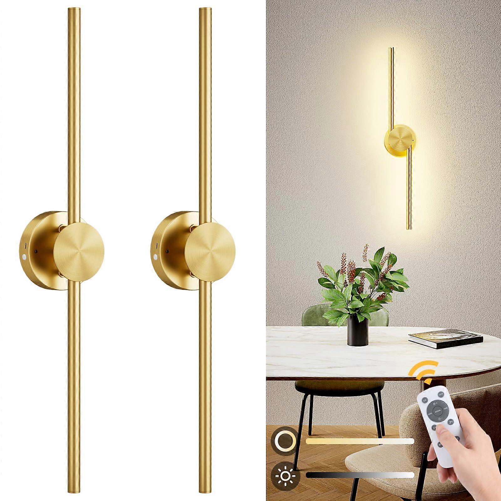 Battery Operated Wall Sconce Set of 2, Gold Dimmable Wireless Light with Remote, 270° Rotatable LED Lamp for Bedroom and Living Room
