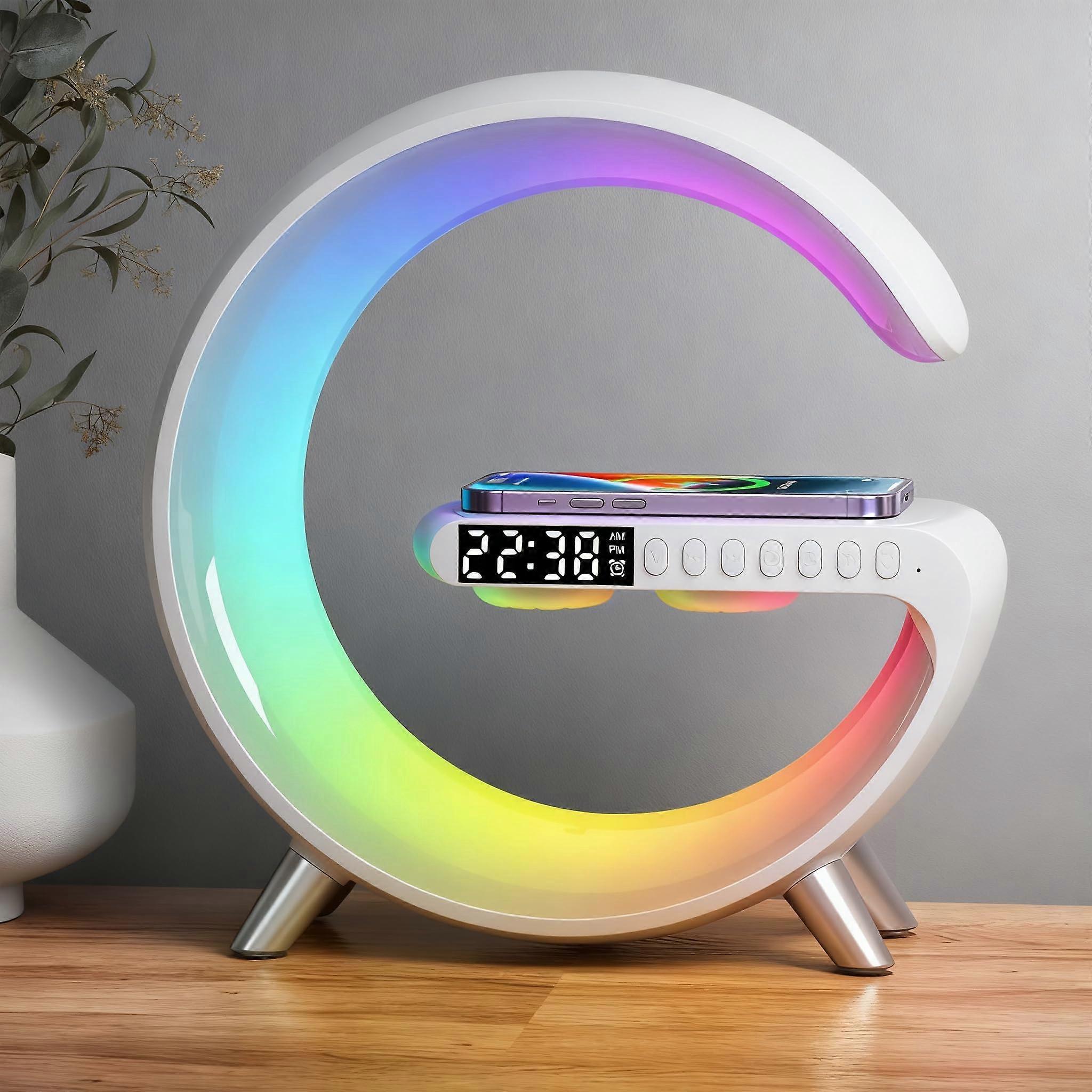 Wireless Charging Lamp with Bluetooth Speaker, RGB Dimmable Night Light, Alarm Clock, App Control