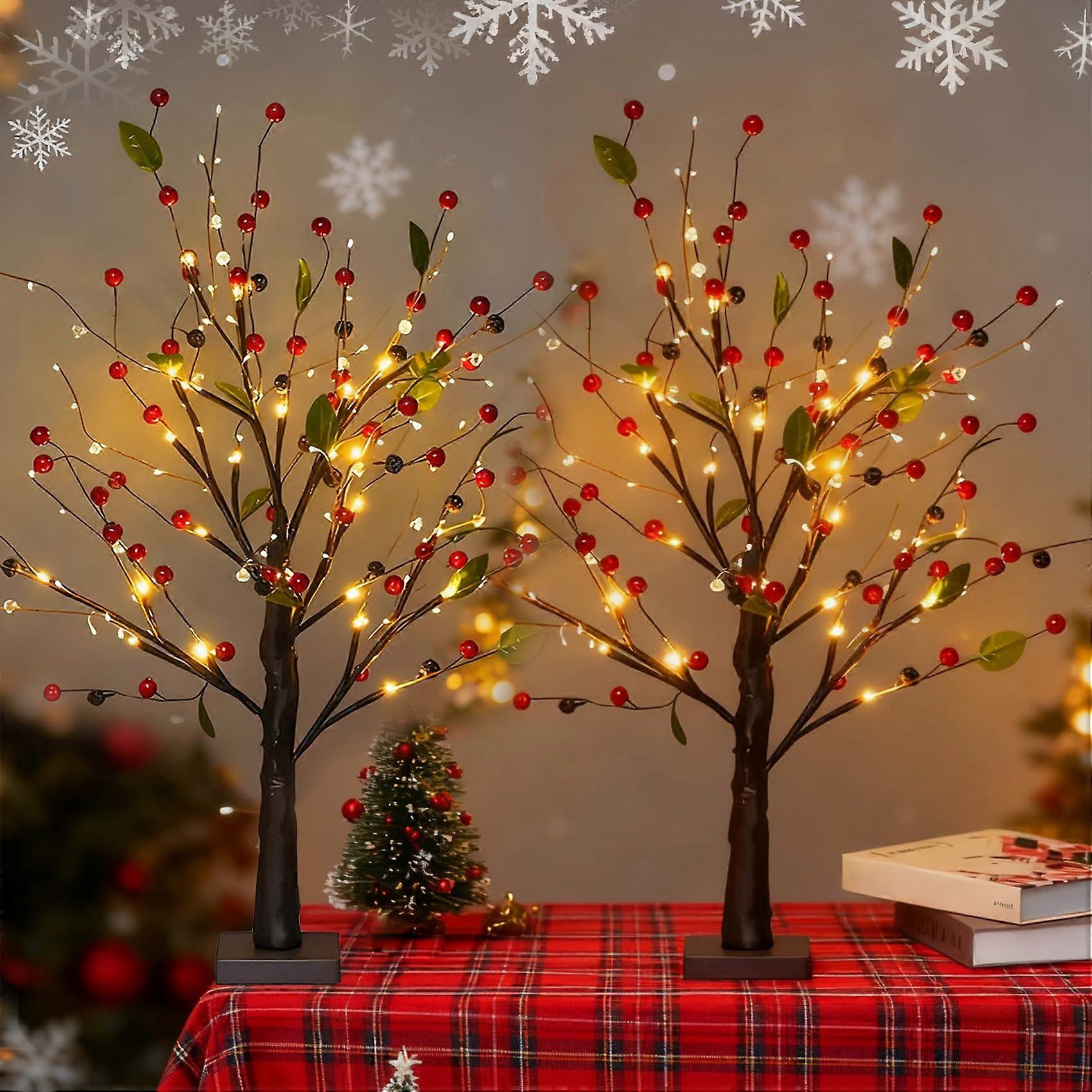 Christmas Tabletop Tree with Warm LED Glow and Festive Red Berries, 21.6 Inch Lighted Birch Tree