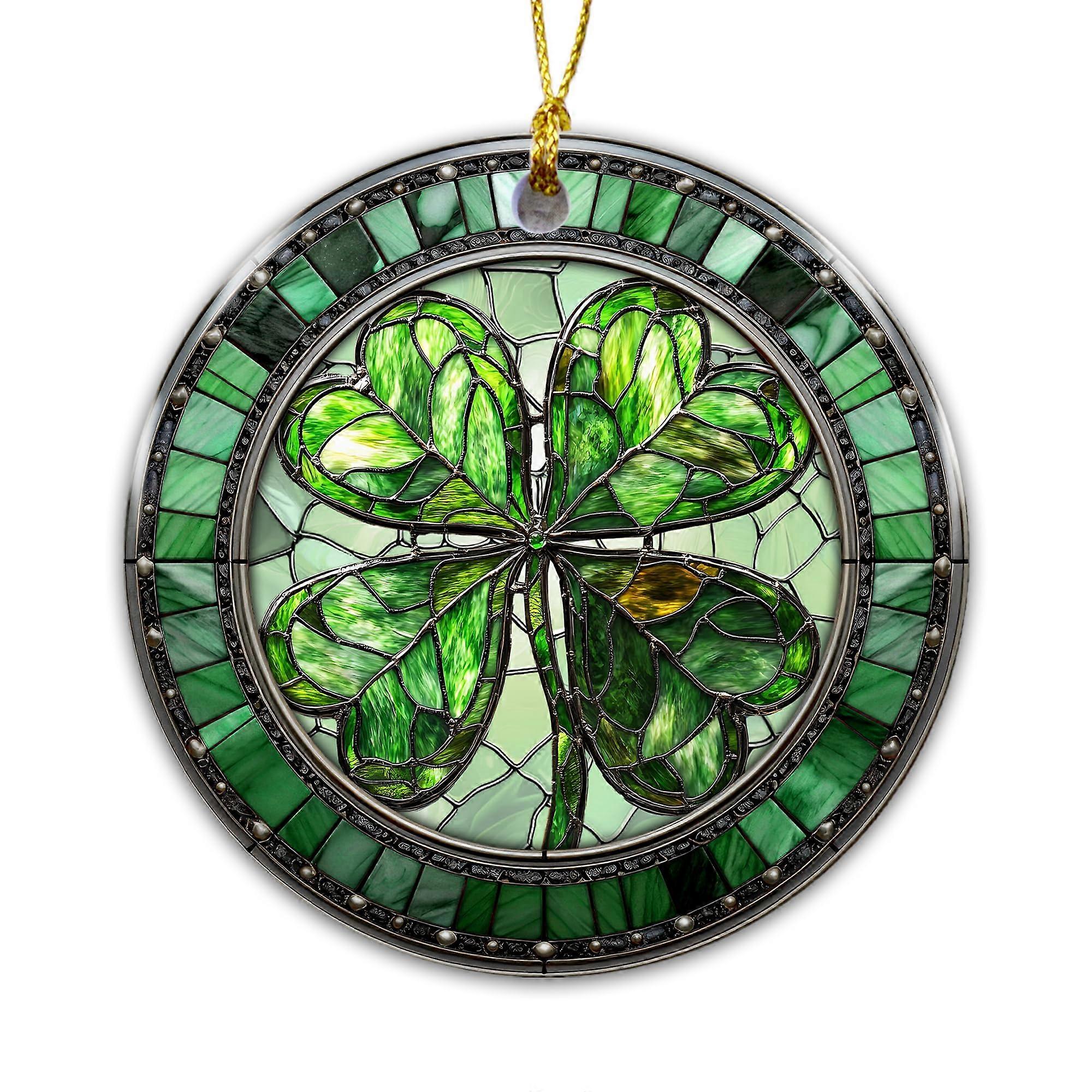Irish Shamrock Ornament with Stained Glass Effect, Celtic FourLeaf Clover Luck Decoration for Christmas