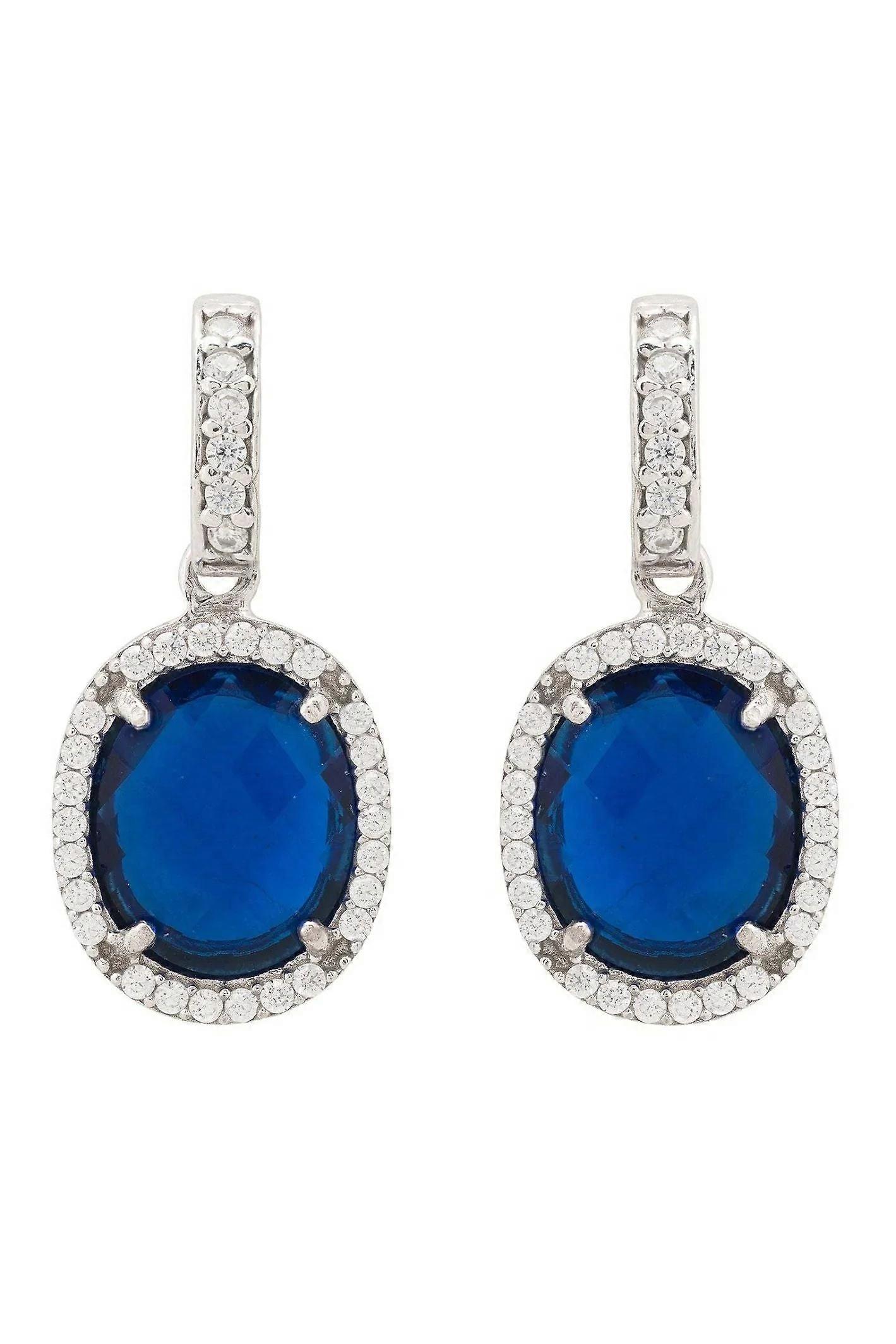 Latelita 女士 925 纯银椭圆形蓝宝石吊坠耳环，配立方氧化锆细节 - 3 厘米长