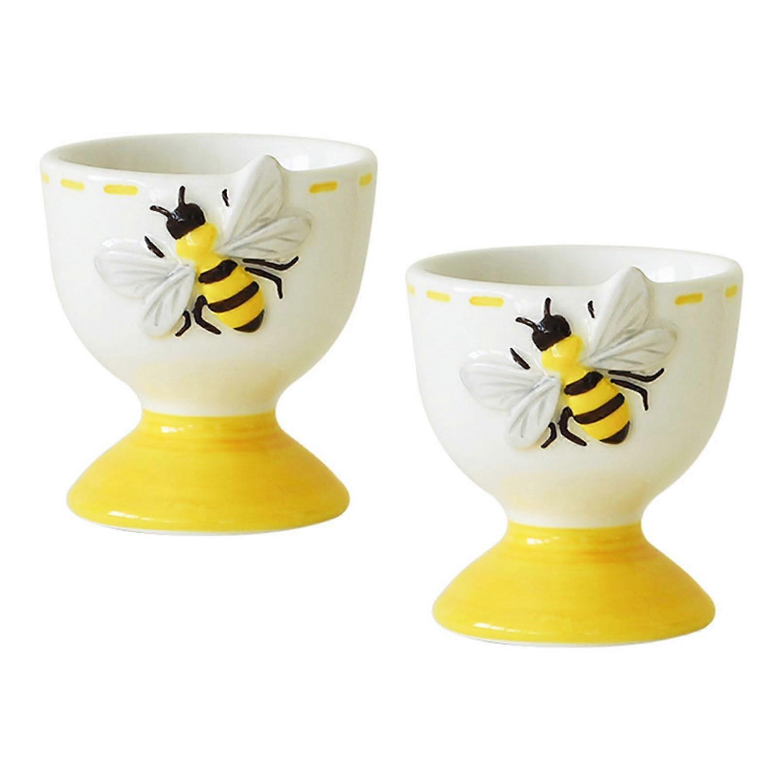 2Pcs Ceramic Egg Cup with Bees Design Elegant Spring Kitchen and Breakfast Table Decor