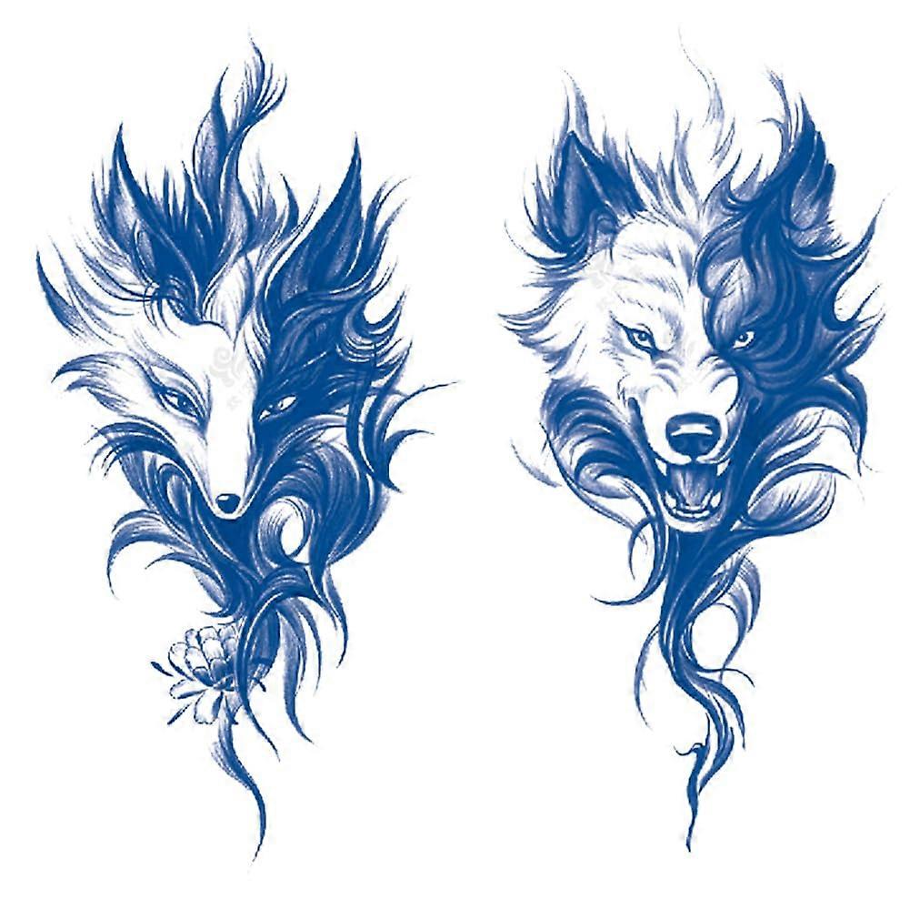 Semi Permanent Waterproof Temporary Tattoos, Realistic Fox Wolf Arm Body Art Stickers, 2 Sheets