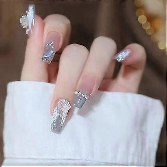Ice Blue Grey Long Press On Nails with Camellia Floral Design and Diamond Chain Accent, 24pcs