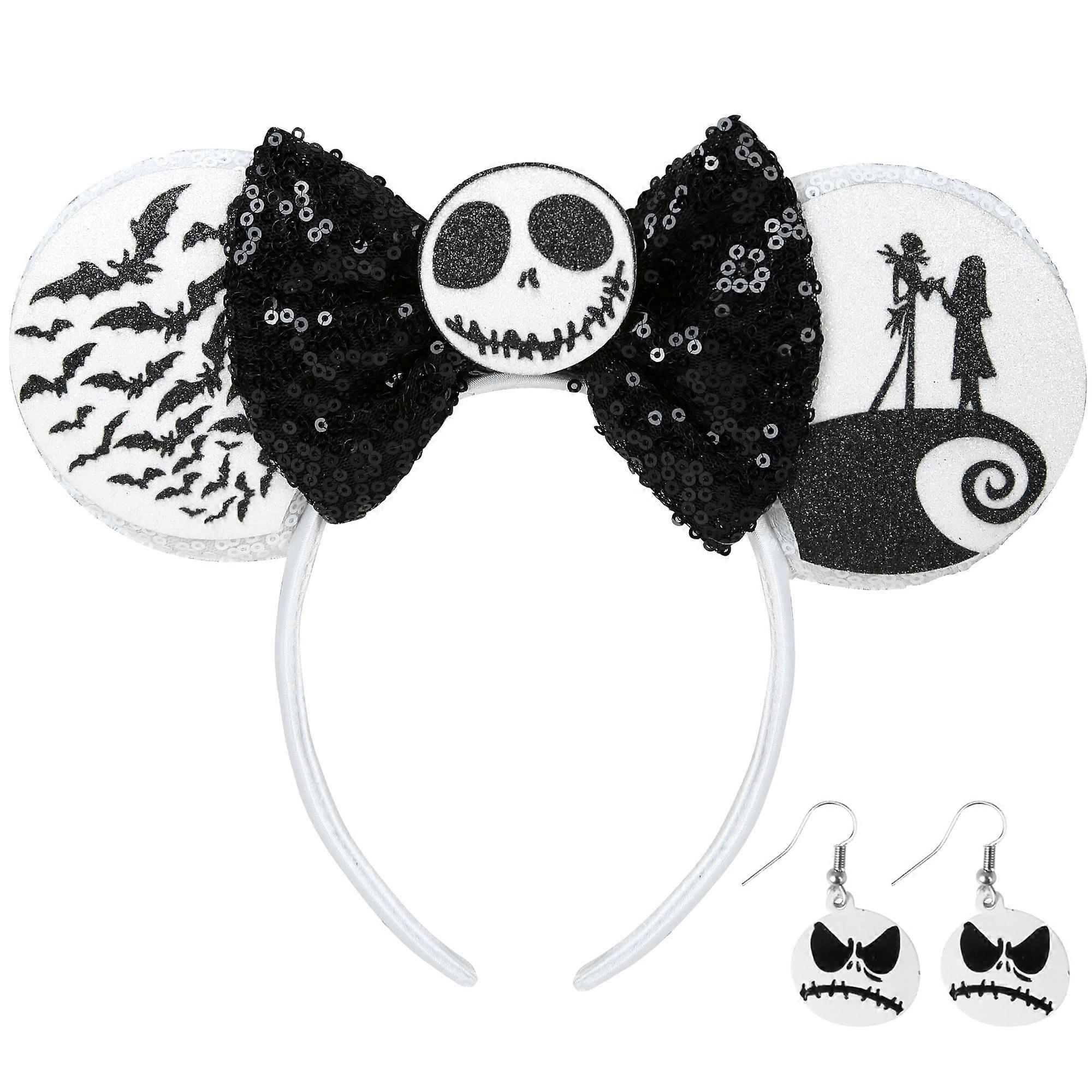 Halloween Mouse Ears Headband with Skeleton Earrings Set, Bat Pattern, White Sequin Bow for Cosplay