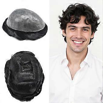Peluca para hombre, de cabello humano, color negro azabache, 7x9 pulgadas, base de piel sintética fina, línea de cabello natural, densidad media.