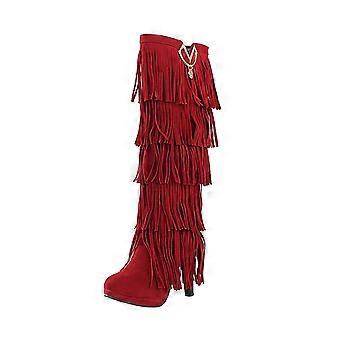Harige laarzen voor dames, retro, effen kleur, etnische stijl, suède, franjes, metalen versiering, dames, hoge maat US: 7 (39)