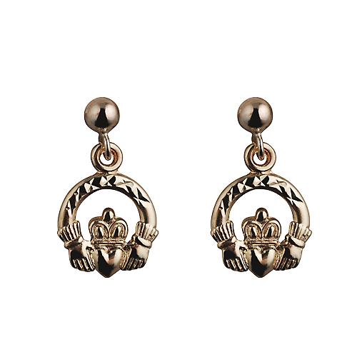 9ct Gold 9mm diamond cut Claddagh Dropper Earrings