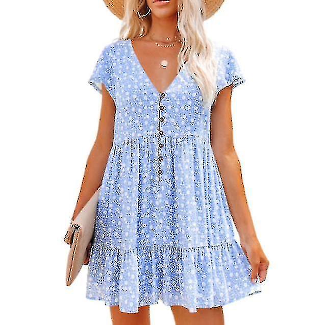 2022 Printemps et été Bouton col en V pour femmes Petite robe de mode décontractée à manches courtes florale