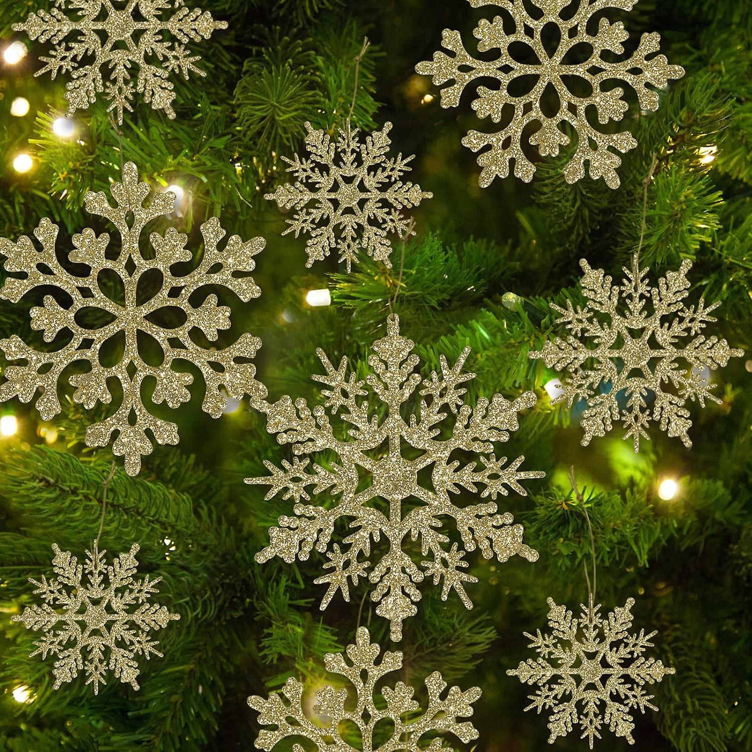 36pcs Snowflake Christmas Tree Ornaments, Tree with Snowflake Decorations, Plastic Glitter Gold Snowflake Ornaments