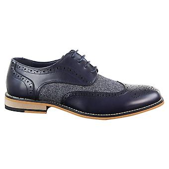Mens Navy Leather Tweed Classic Oxford Formal Brogue Shoes  display picture 3