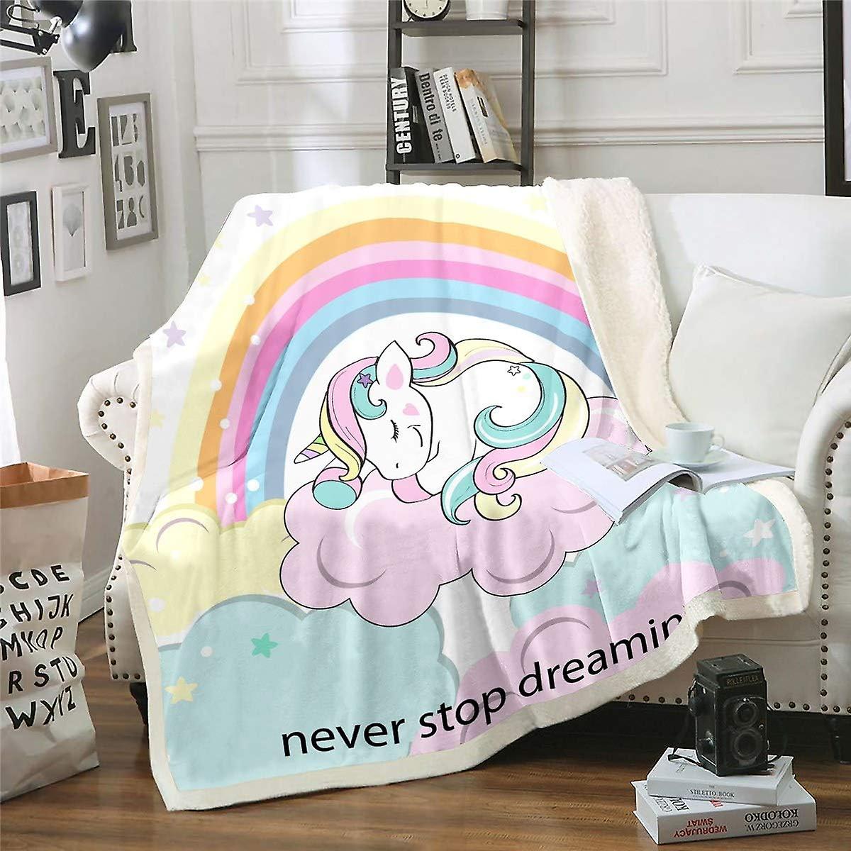 Rainbow Unicorn Fleece Throw Blanket Cartoon Unicorn Print Sherpa